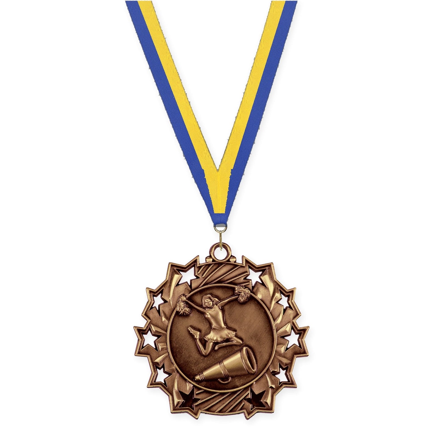 2 1/4 inch cheerleading Ten Star medal in antique bronze with Blue Yellow neck ribbon