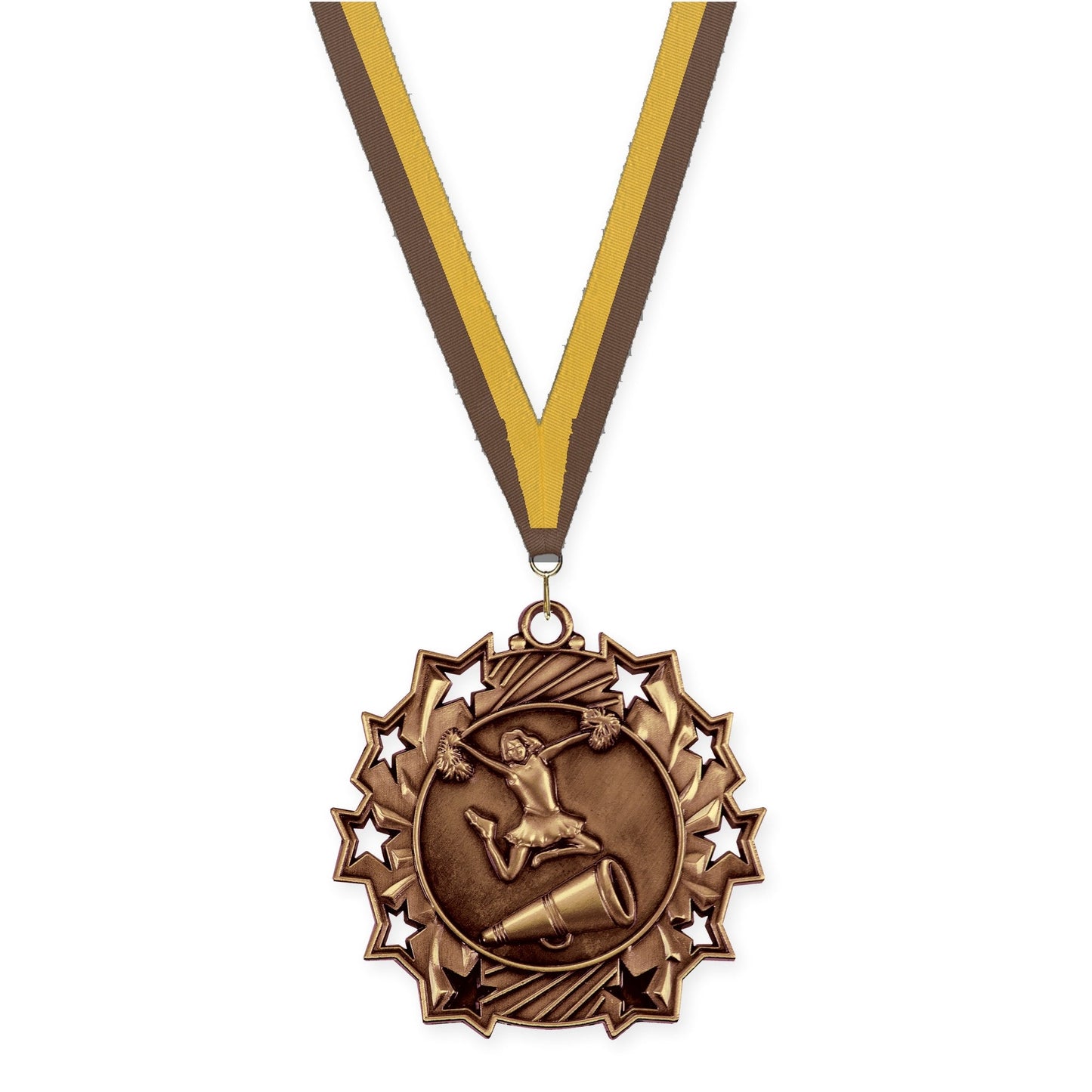 2 1/4 inch cheerleading Ten Star medal in antique bronze with Brown Gold neck ribbon