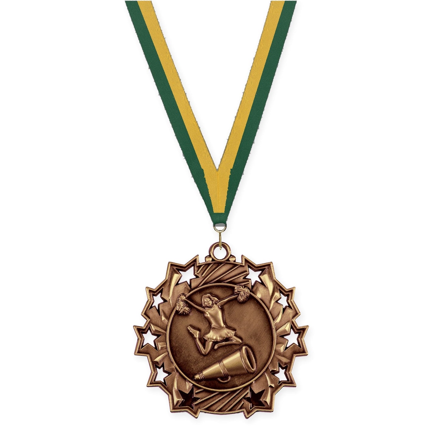 2 1/4 inch cheerleading Ten Star medal in antique bronze with Hunter Green Gold neck ribbon