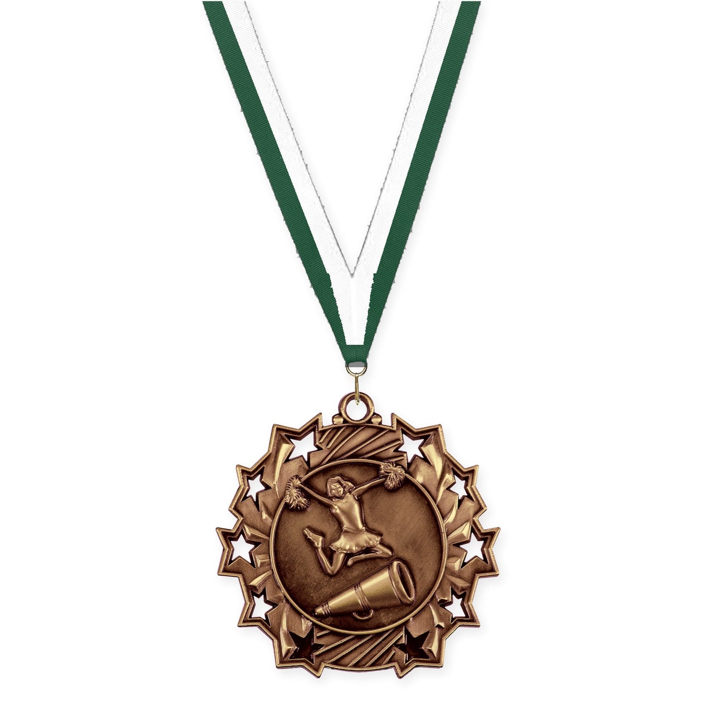 2 1/4 inch cheerleading Ten Star medal in antique bronze with Hunter Green White neck ribbon