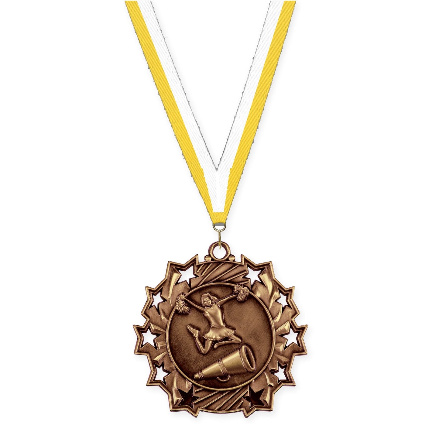 2 1/4 inch cheerleading Ten Star medal in antique bronze with Yellow White neck ribbon