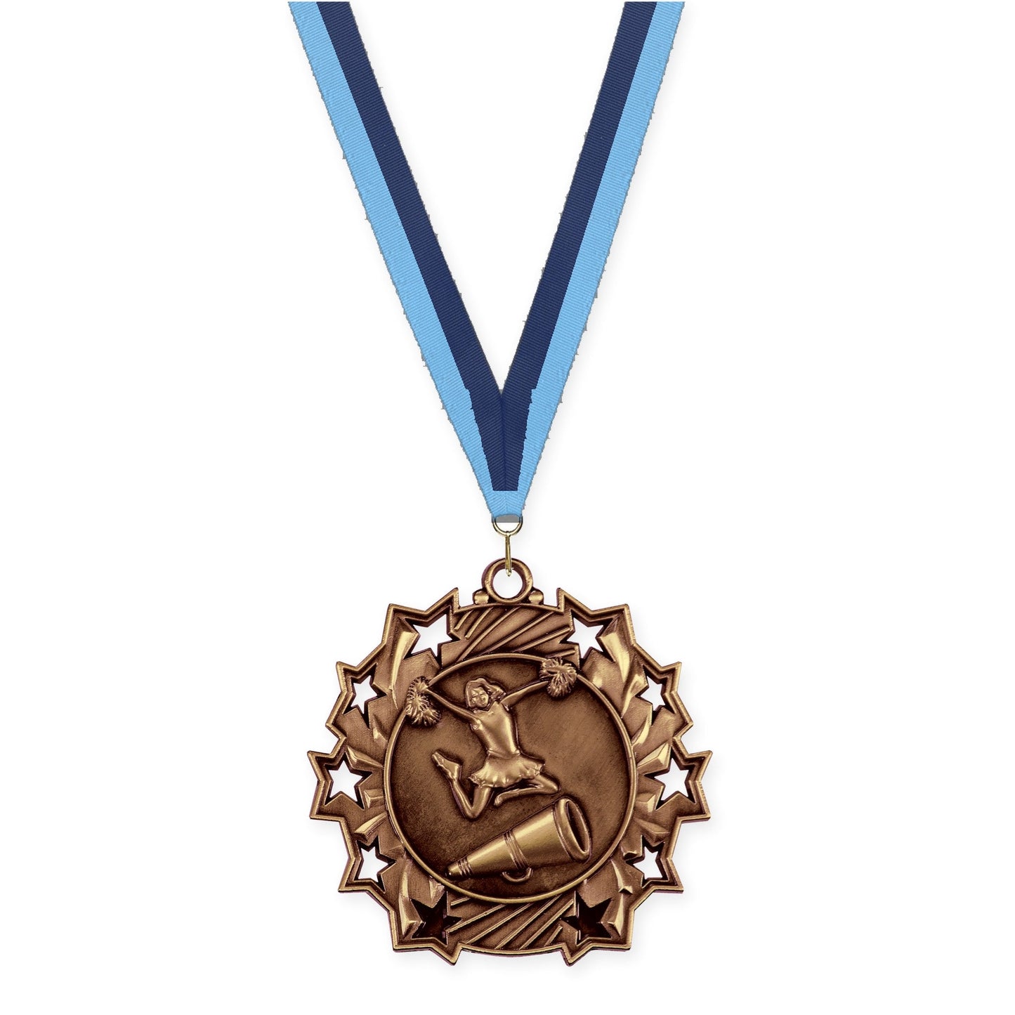 2 1/4 inch cheerleading Ten Star medal in antique bronze with Light Blue Navy neck ribbon