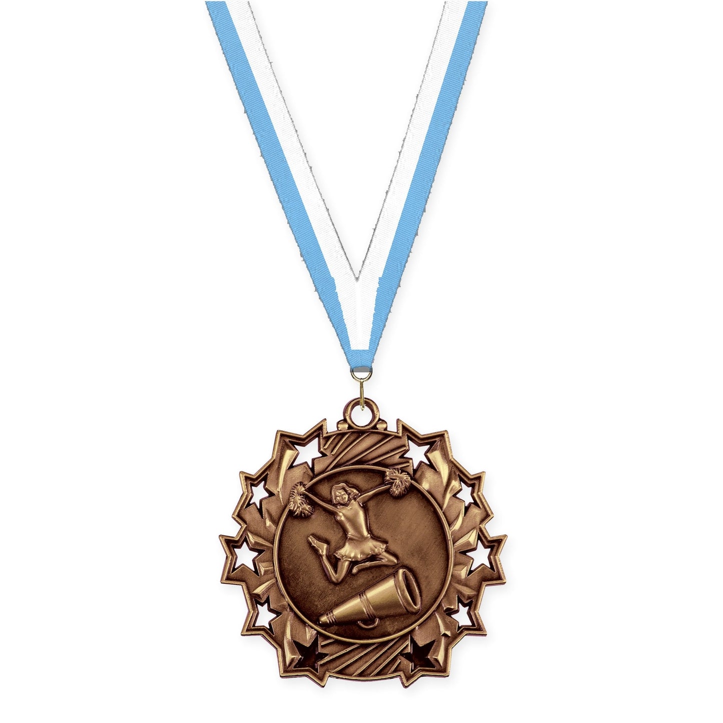 2 1/4 inch cheerleading Ten Star medal in antique bronze with Light Blue White neck ribbon