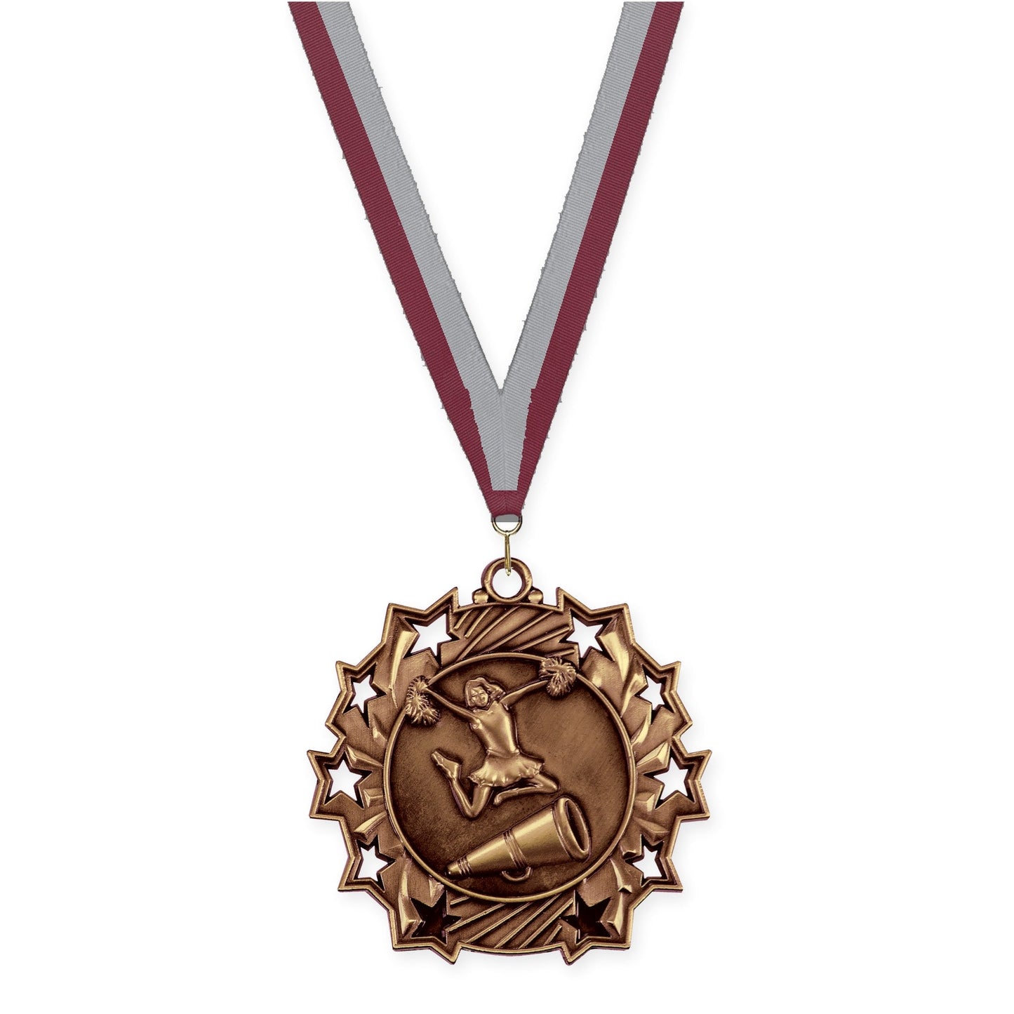 2 1/4 inch cheerleading Ten Star medal in antique bronze with Maroon Gray neck ribbon