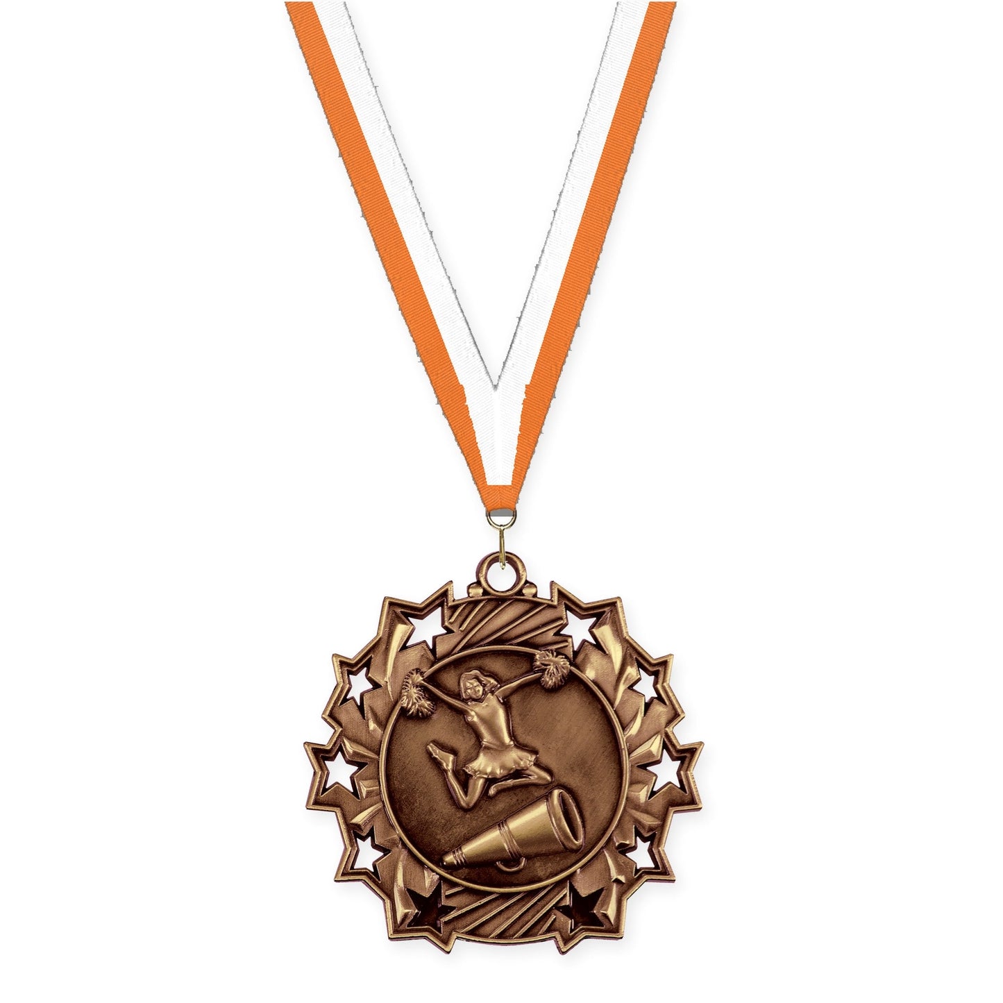 2 1/4 inch cheerleading Ten Star medal in antique bronze with Orange White neck ribbon