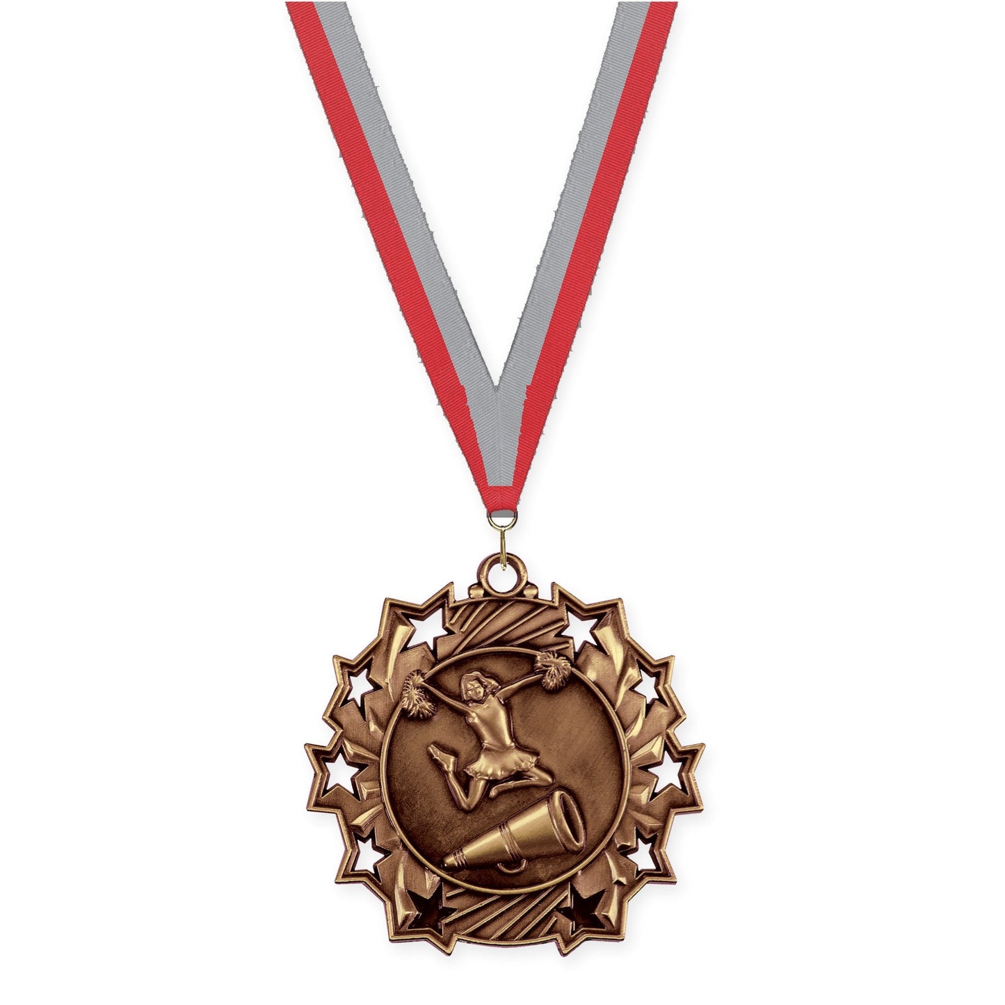 2 1/4 inch cheerleading Ten Star medal in antique bronze with Red Gray neck ribbon