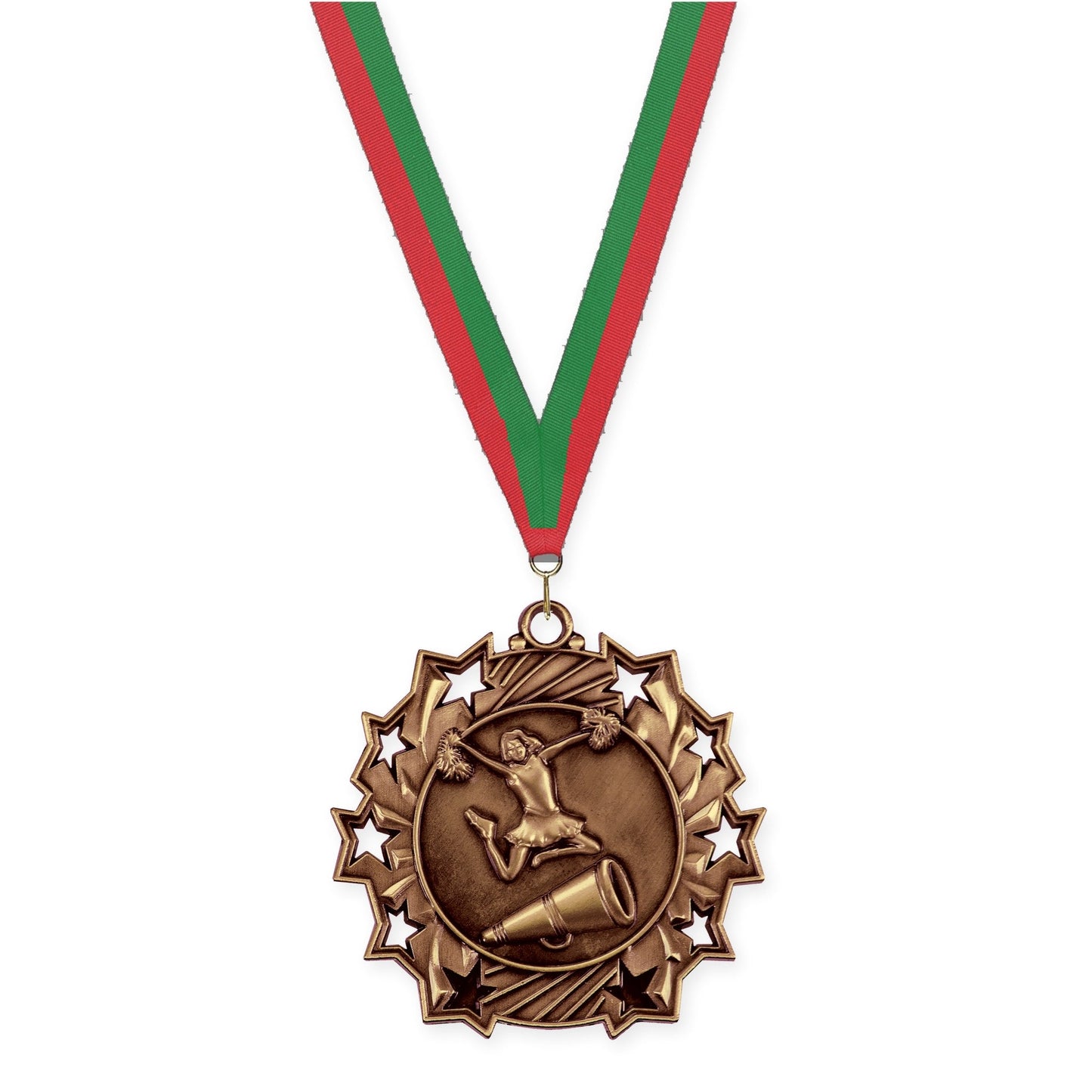 2 1/4 inch cheerleading Ten Star medal in antique bronze with Red Green neck ribbon