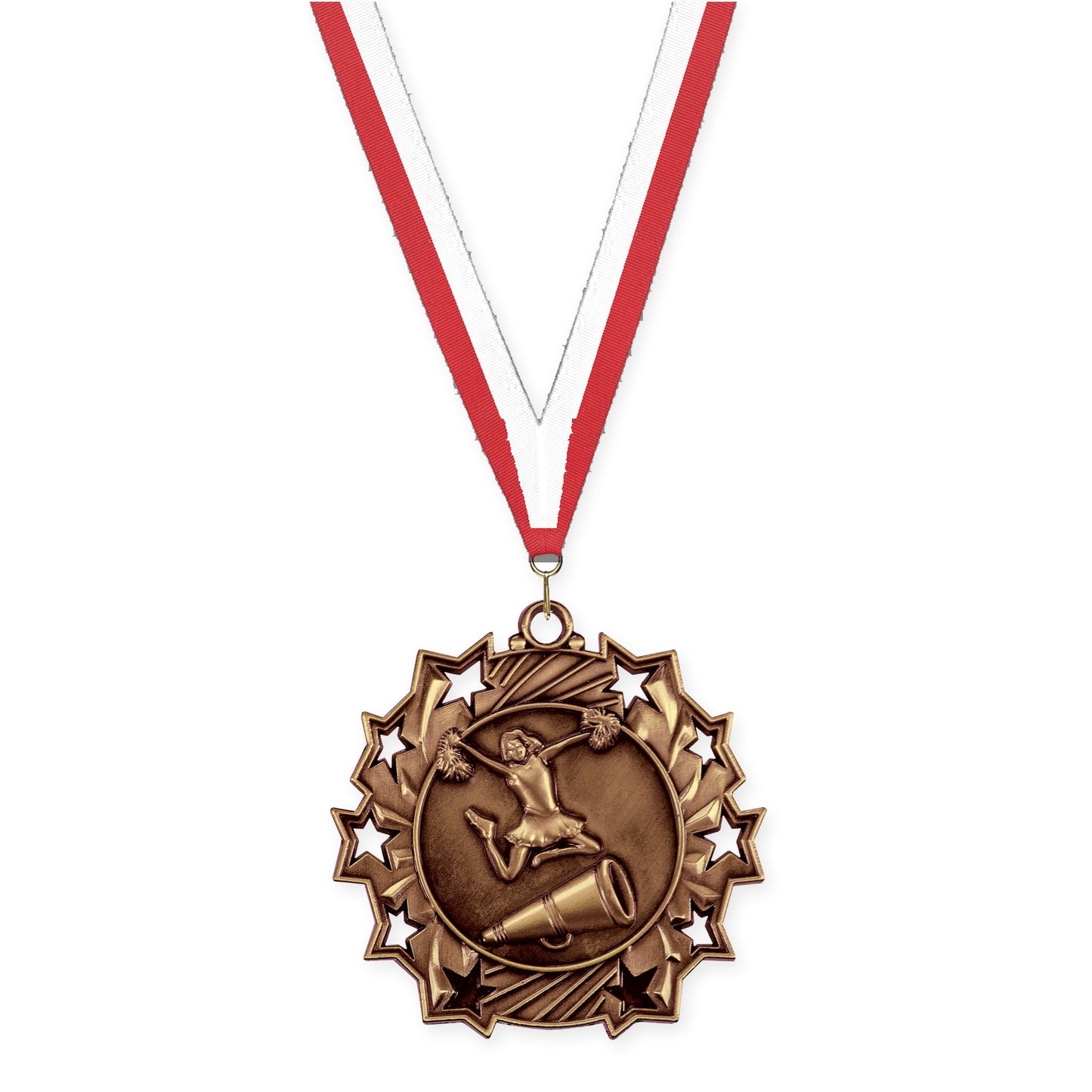2 1/4 inch cheerleading Ten Star medal in antique bronze with Red White neck ribbon