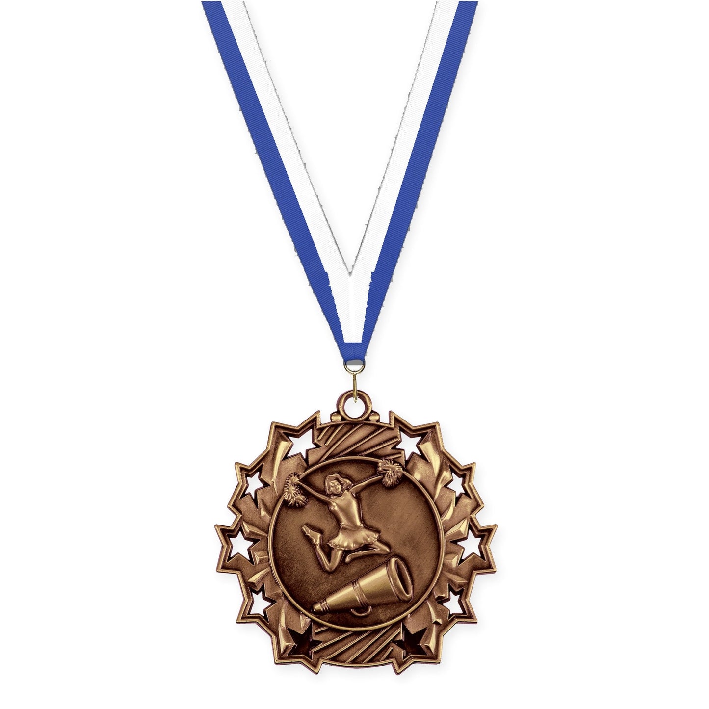 2 1/4 inch cheerleading Ten Star medal in antique bronze with Blue White neck ribbon