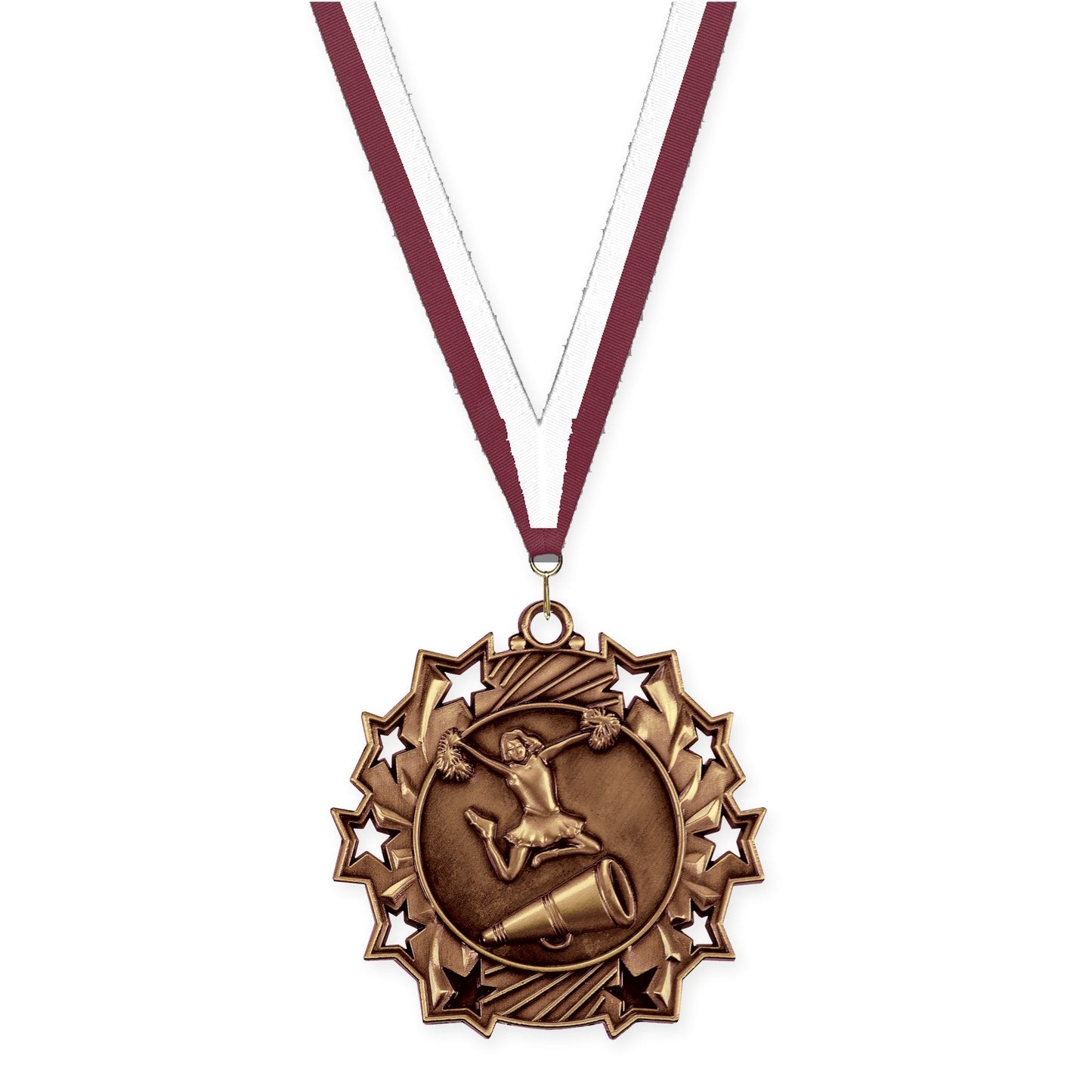 2 1/4 inch cheerleading Ten Star medal in antique bronze with Maroon White neck ribbon