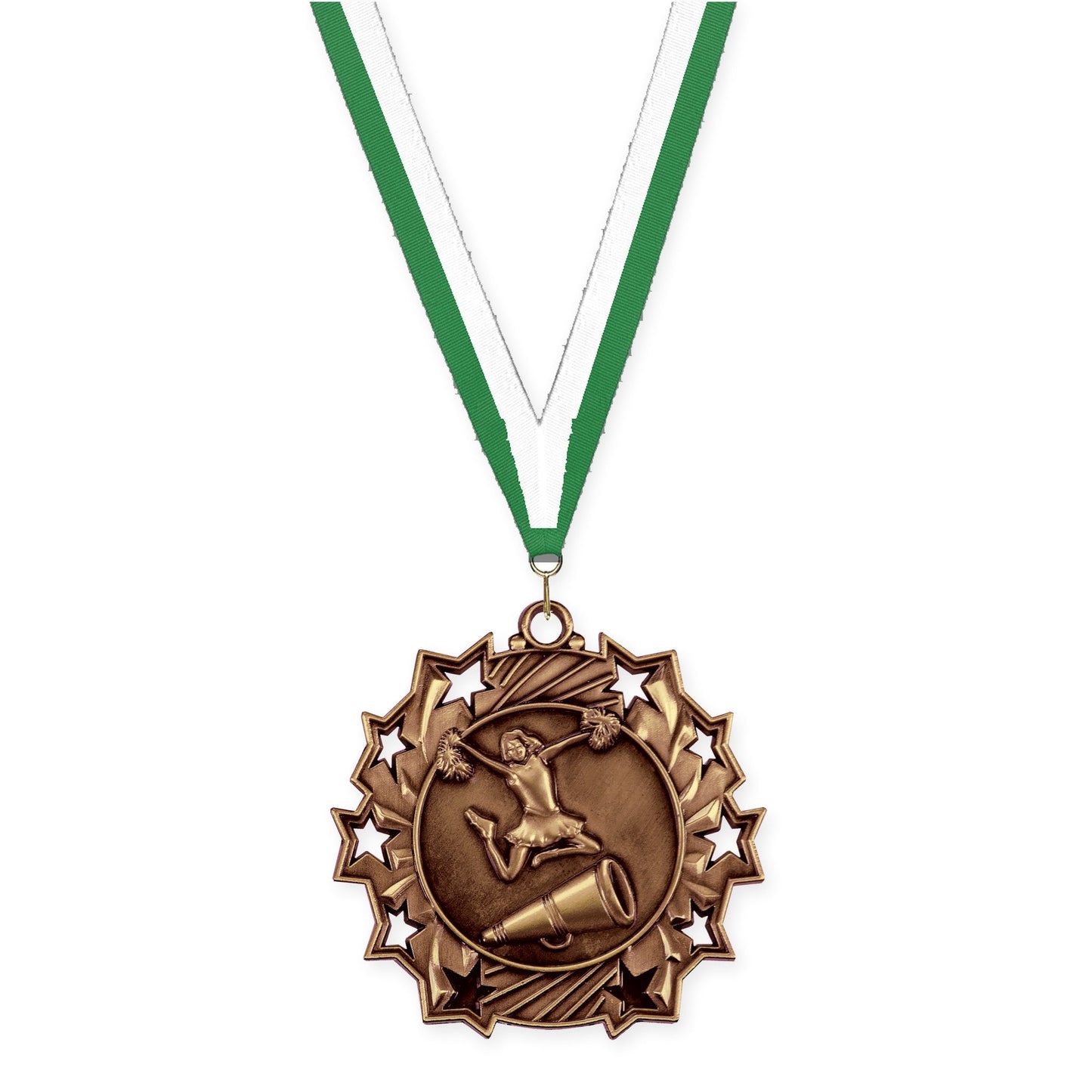 2 1/4 inch cheerleading Ten Star medal in antique bronze with Green White neck ribbon
