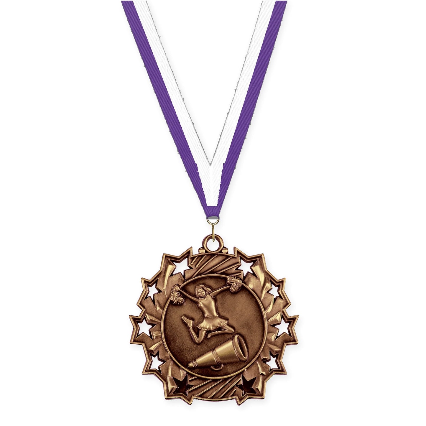 2 1/4 inch cheerleading Ten Star medal in antique bronze with Purple White neck ribbon