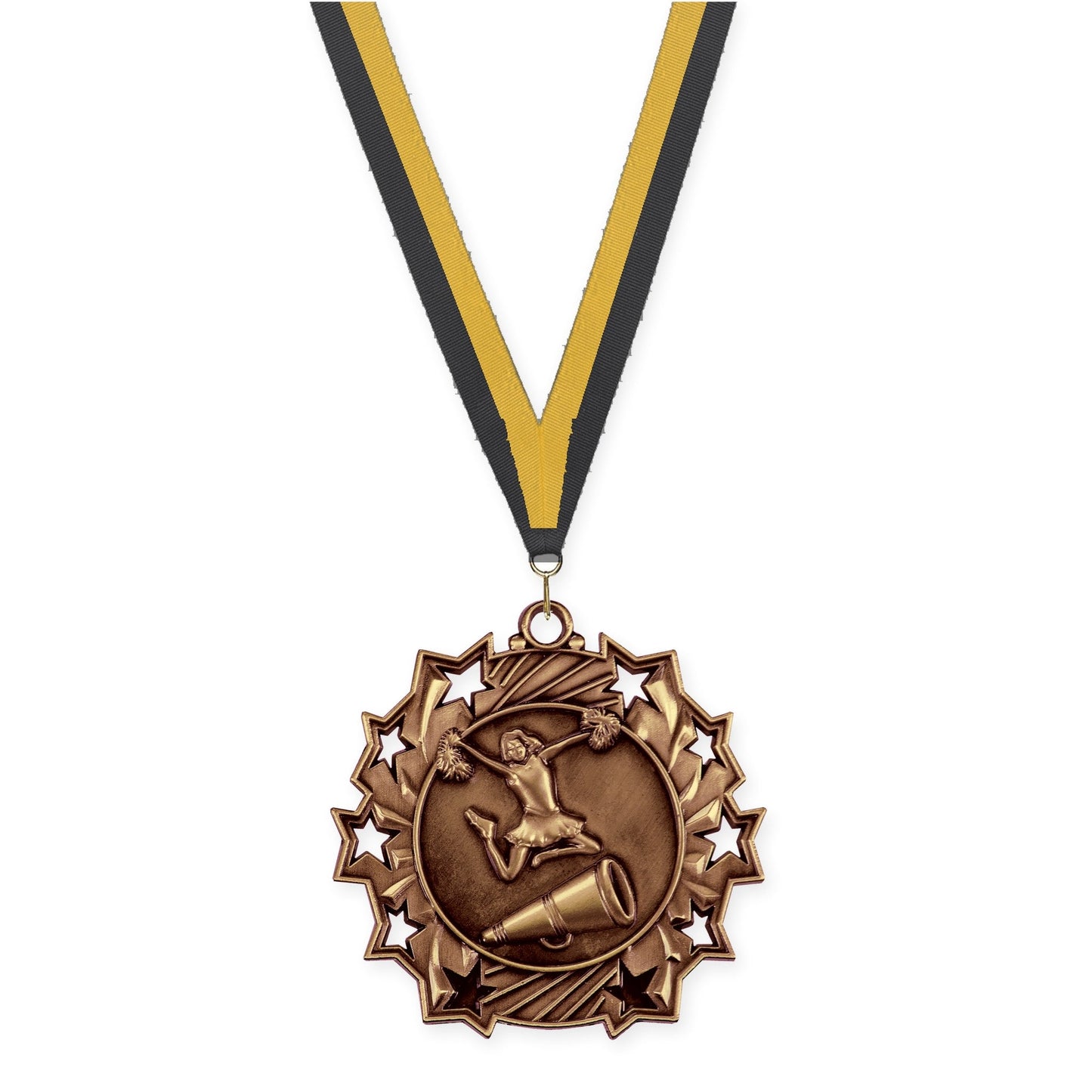 2 1/4 inch cheerleading Ten Star medal in antique bronze with Black Gold neck ribbon