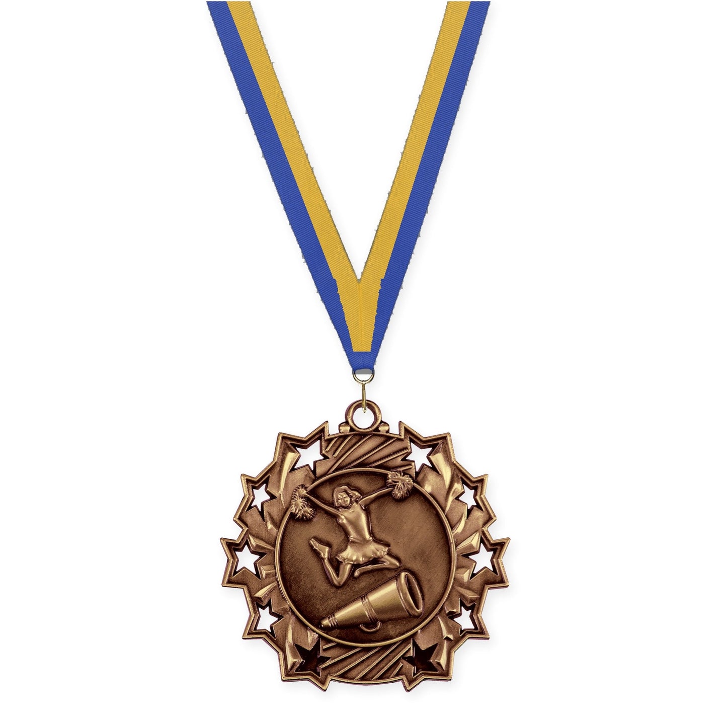 2 1/4 inch cheerleading Ten Star medal in antique bronze with Blue Gold neck ribbon