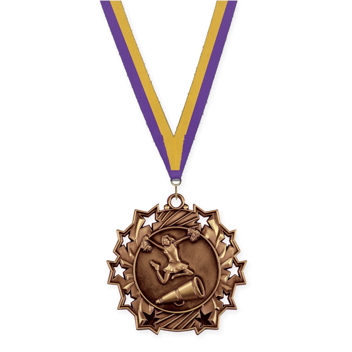 2 1/4 inch cheerleading Ten Star medal in antique bronze with Purple Gold neck ribbon