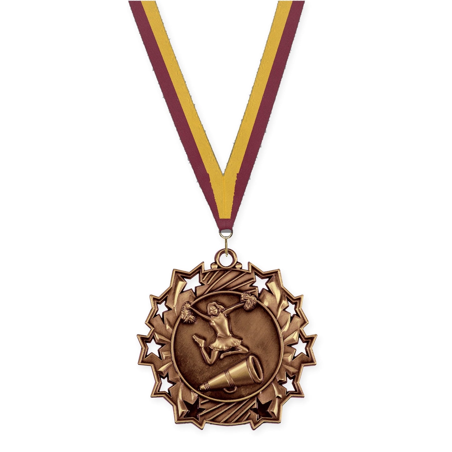 2 1/4 inch cheerleading Ten Star medal in antique bronze with Maroon Gold neck ribbon