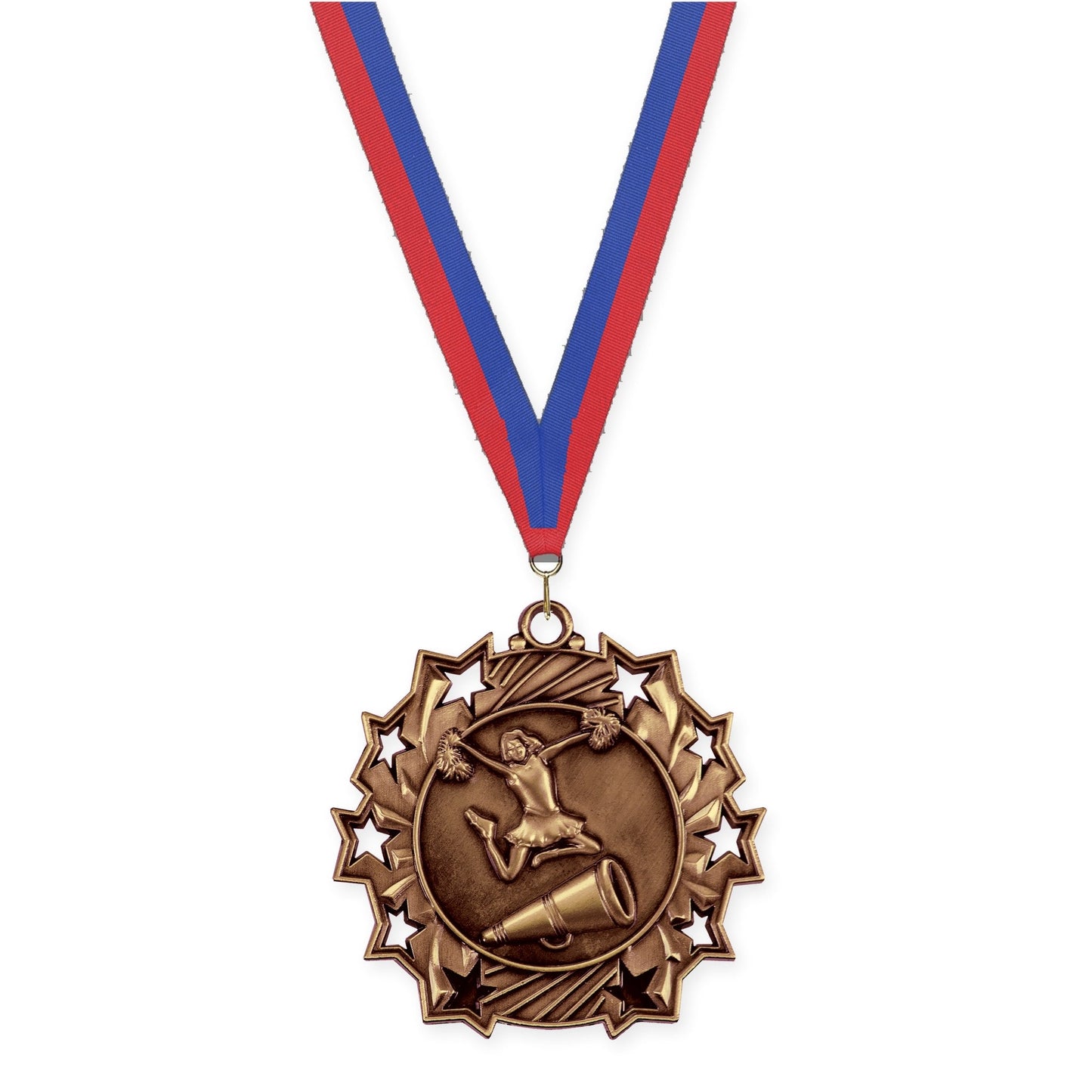 2 1/4 inch cheerleading Ten Star medal in antique bronze with Blue Red neck ribbon