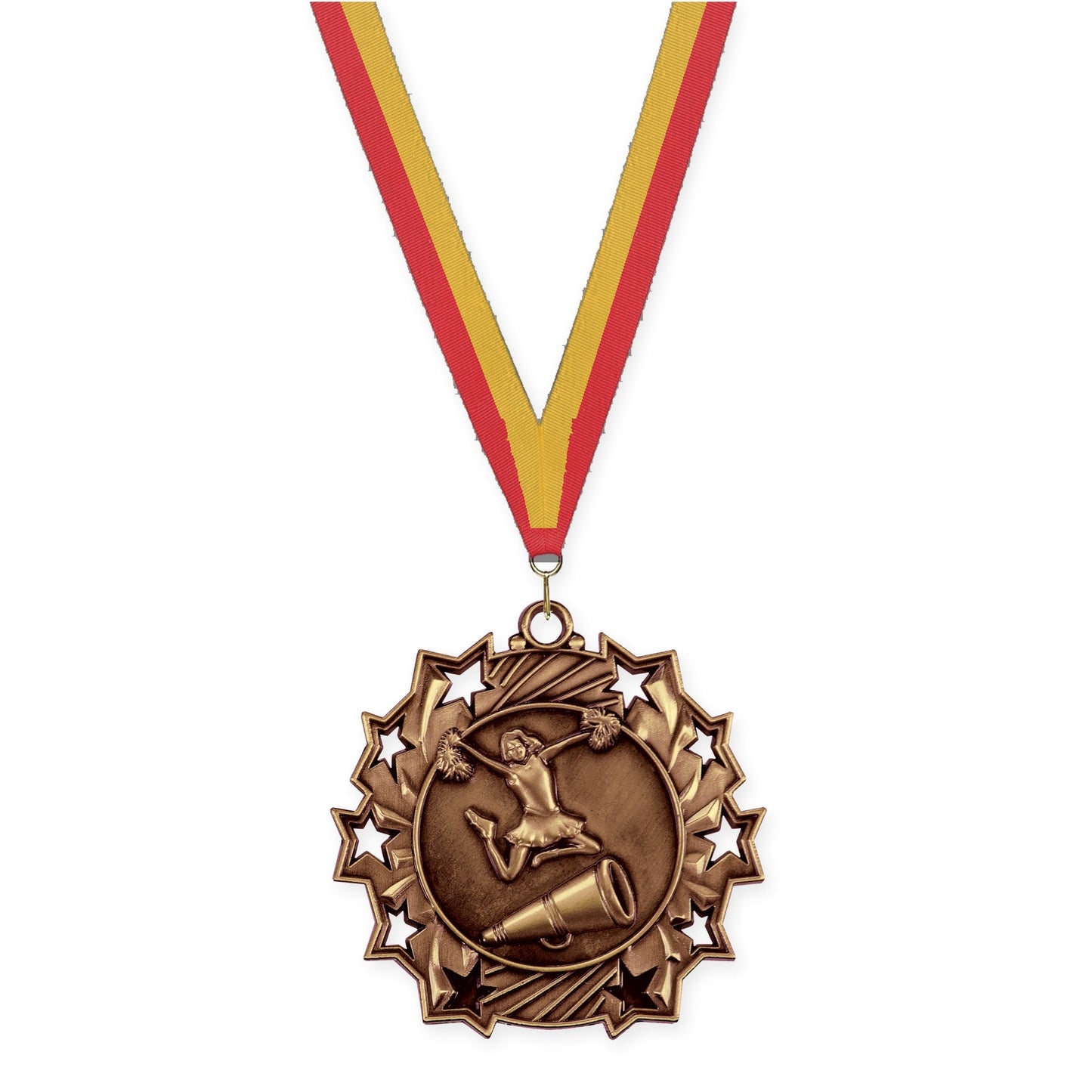 2 1/4 inch cheerleading Ten Star medal in antique bronze with Red Gold neck ribbon