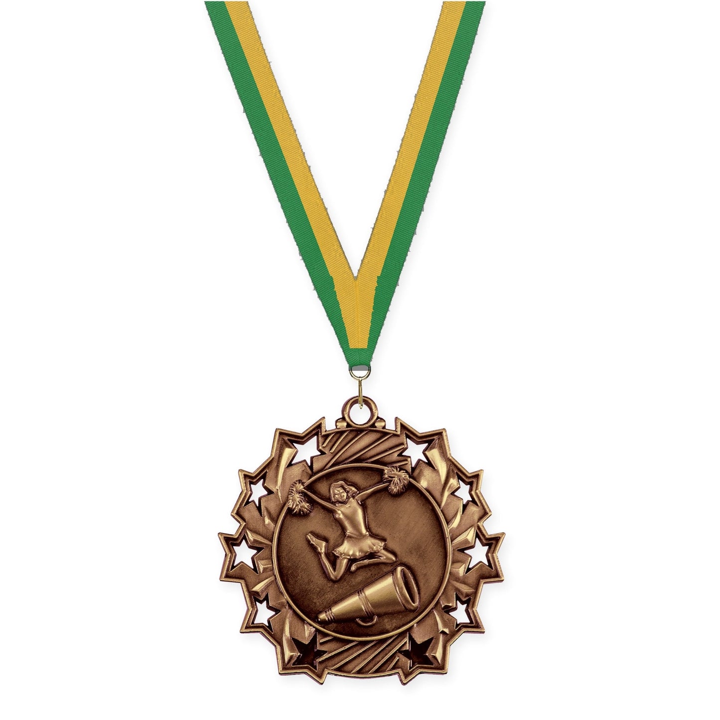 2 1/4 inch cheerleading Ten Star medal in antique bronze with Green Gold neck ribbon