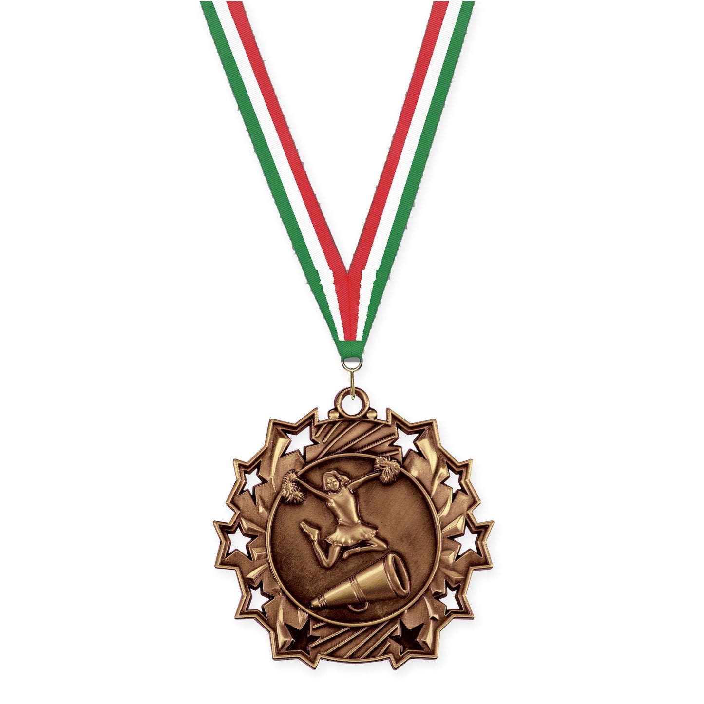 2 1/4 inch cheerleading Ten Star medal in antique bronze with Green White Red neck ribbon