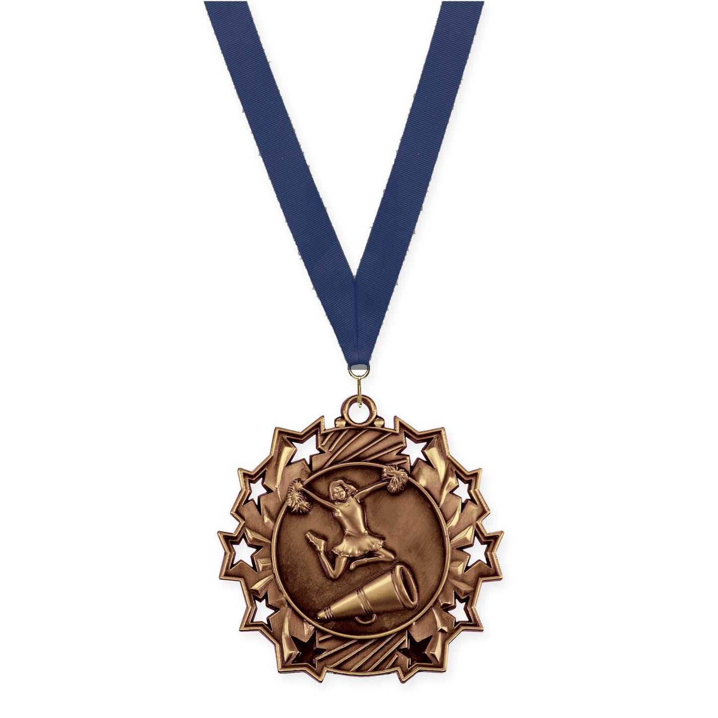 2 1/4 inch cheerleading Ten Star medal in antique bronze with Navy neck ribbon