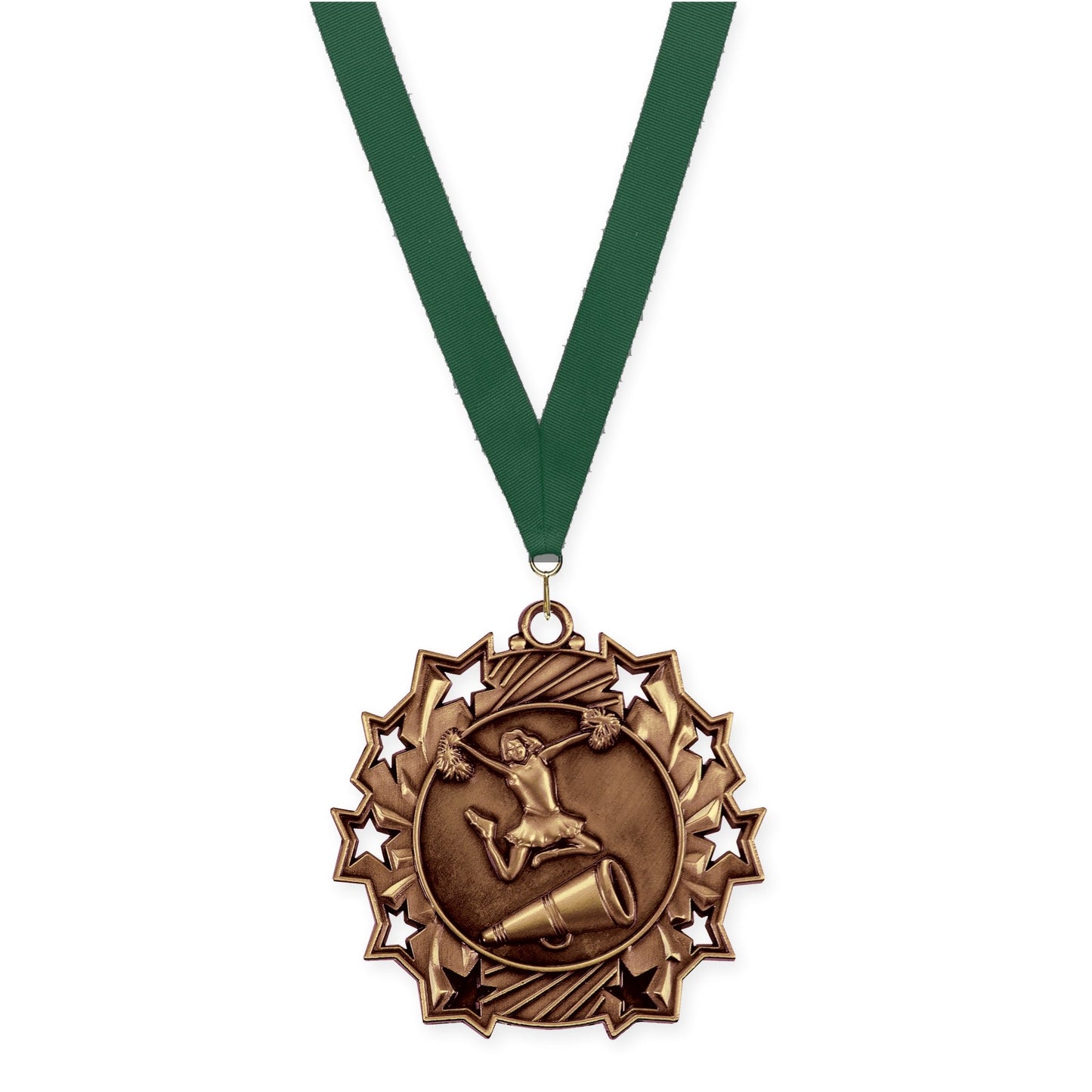 2 1/4 inch cheerleading Ten Star medal in antique bronze with Hunter Green neck ribbon