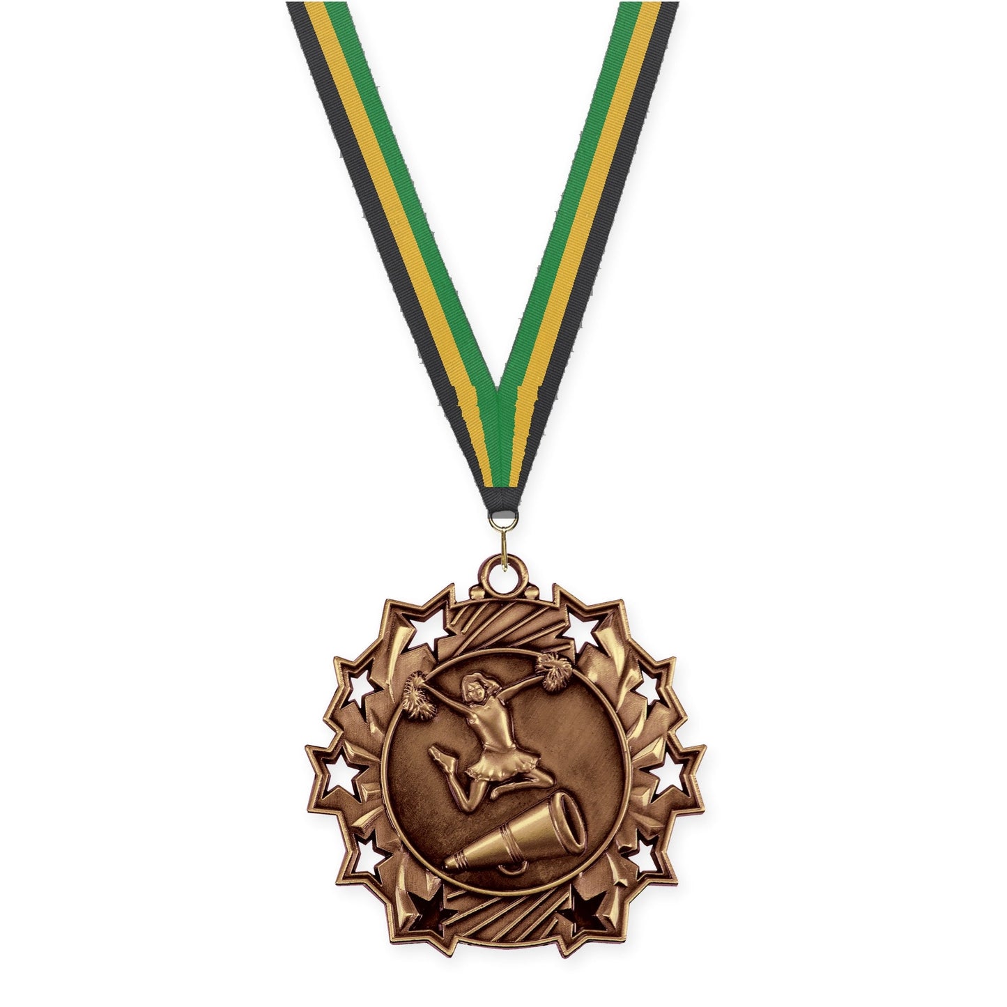 2 1/4 inch cheerleading Ten Star medal in antique bronze with Black Gold Green neck ribbon