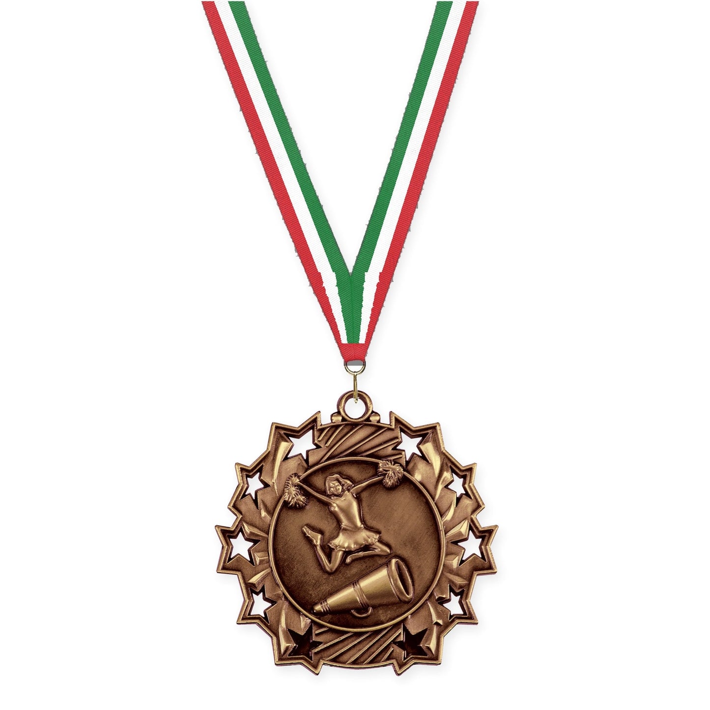 2 1/4 inch cheerleading Ten Star medal in antique bronze with Red White Green neck ribbon