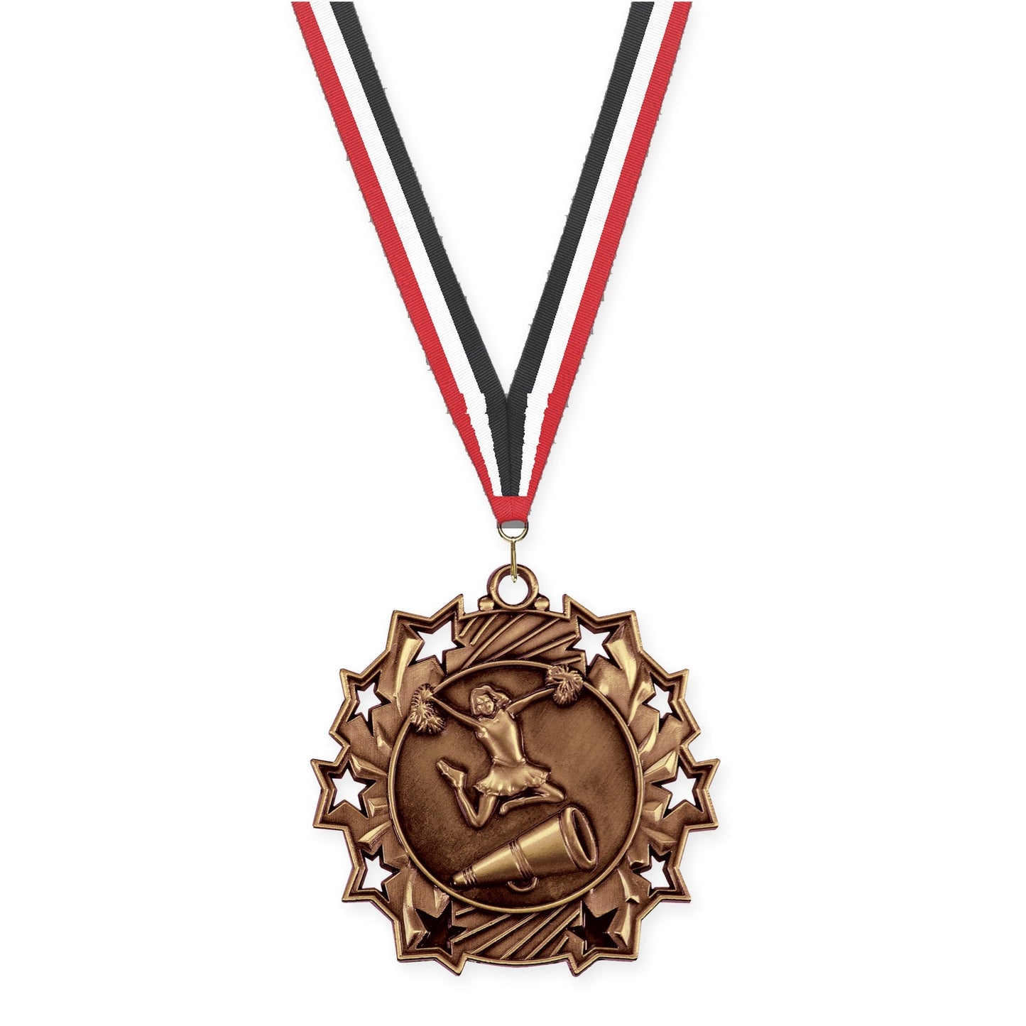 2 1/4 inch cheerleading Ten Star medal in antique bronze with Red White Black neck ribbon