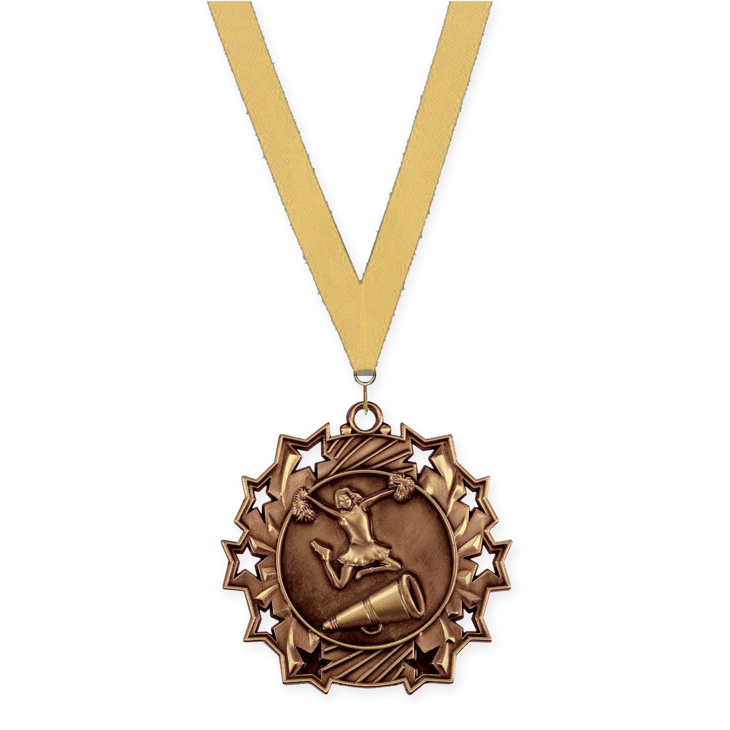 2 1/4 inch cheerleading Ten Star medal in antique bronze with Gold Metallic neck ribbon