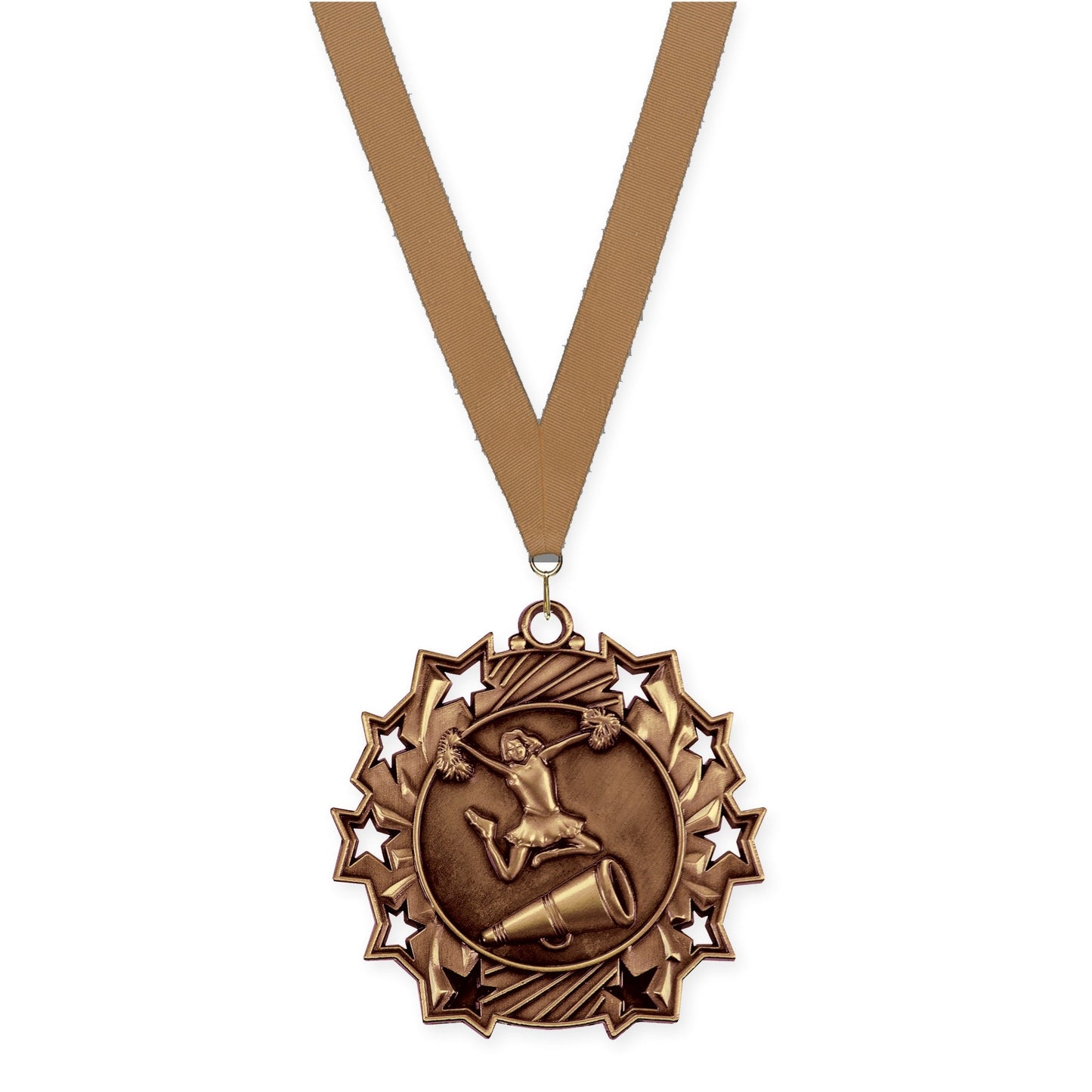 2 1/4 inch cheerleading Ten Star medal in antique bronze with Bronze Metallic neck ribbon
