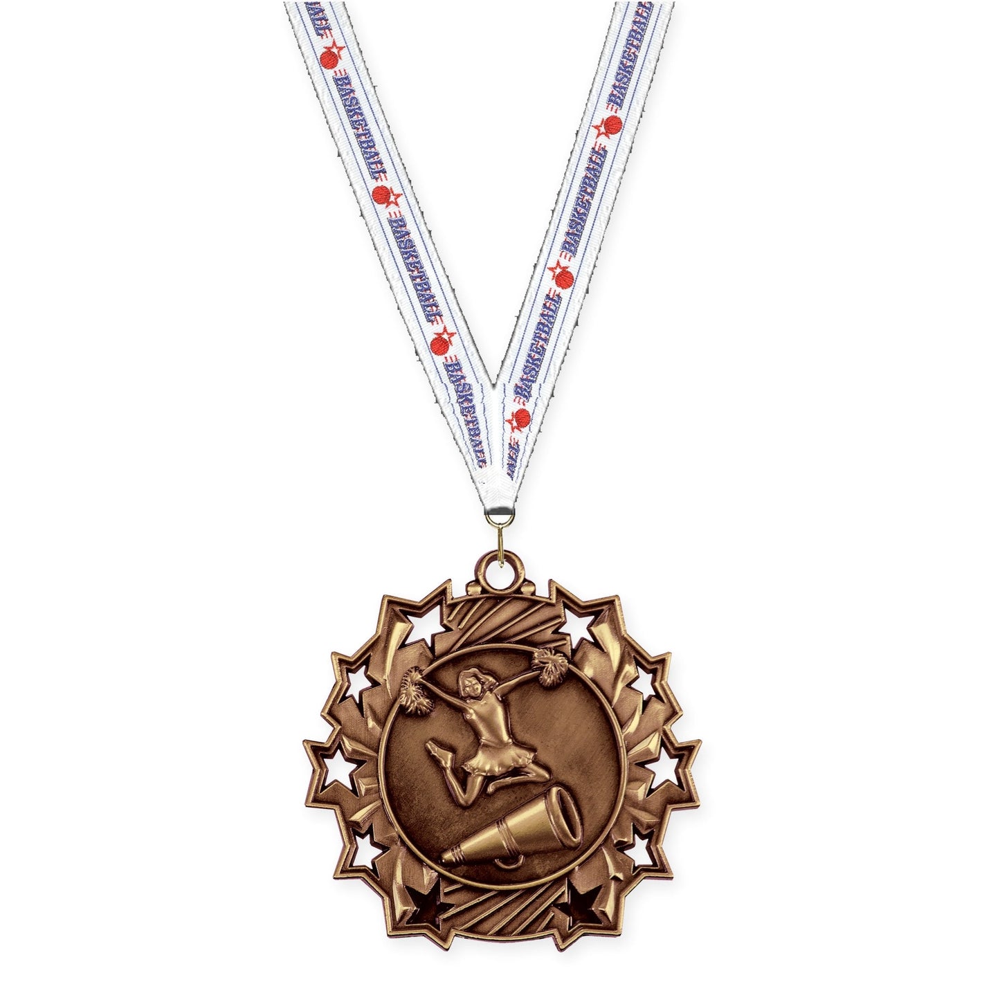 2 1/4 inch cheerleading Ten Star medal in antique bronze with Basketball neck ribbon