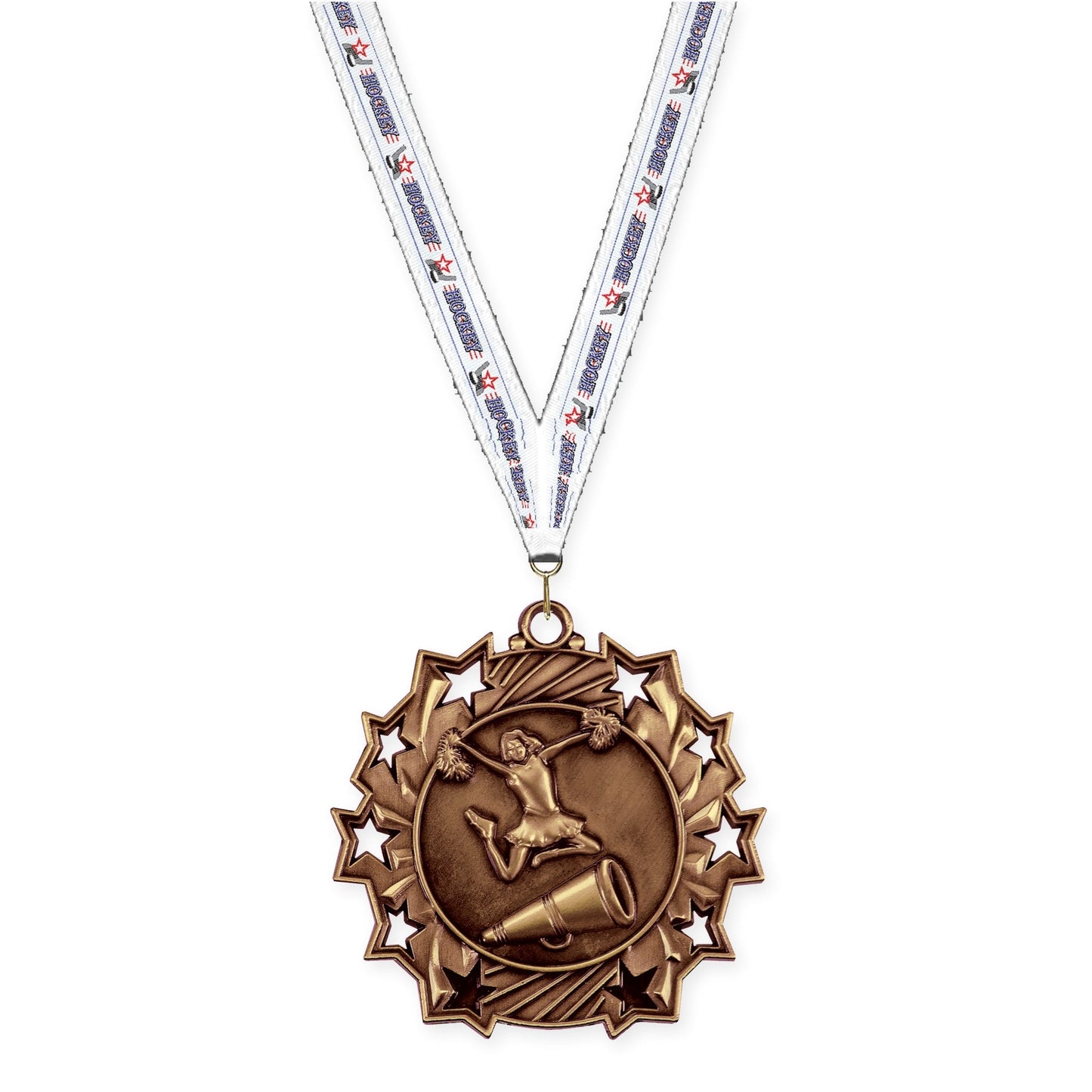 2 1/4 inch cheerleading Ten Star medal in antique bronze with Hockey neck ribbon