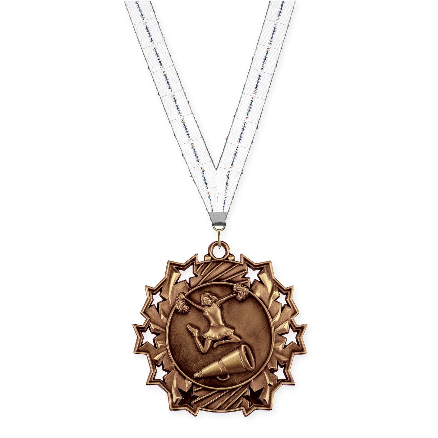 2 1/4 inch cheerleading Ten Star medal in antique bronze with Lamp Of Knowledge neck ribbon