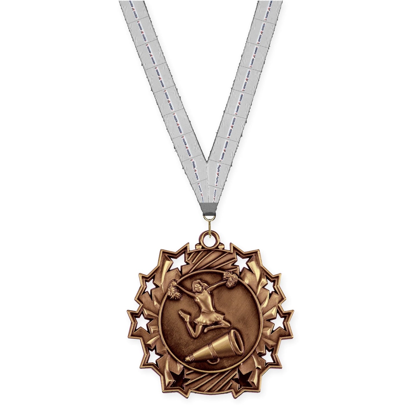 2 1/4 inch cheerleading Ten Star medal in antique bronze with Auto Racing neck ribbon