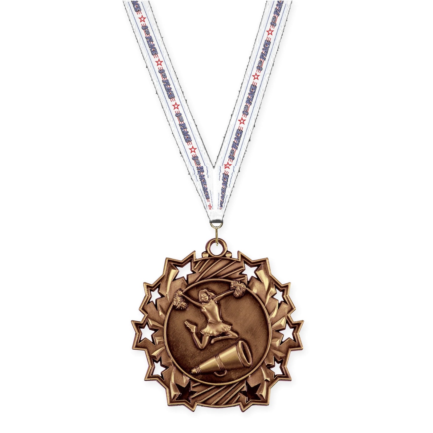 2 1/4 inch cheerleading Ten Star medal in antique bronze with 3rd Place neck ribbon
