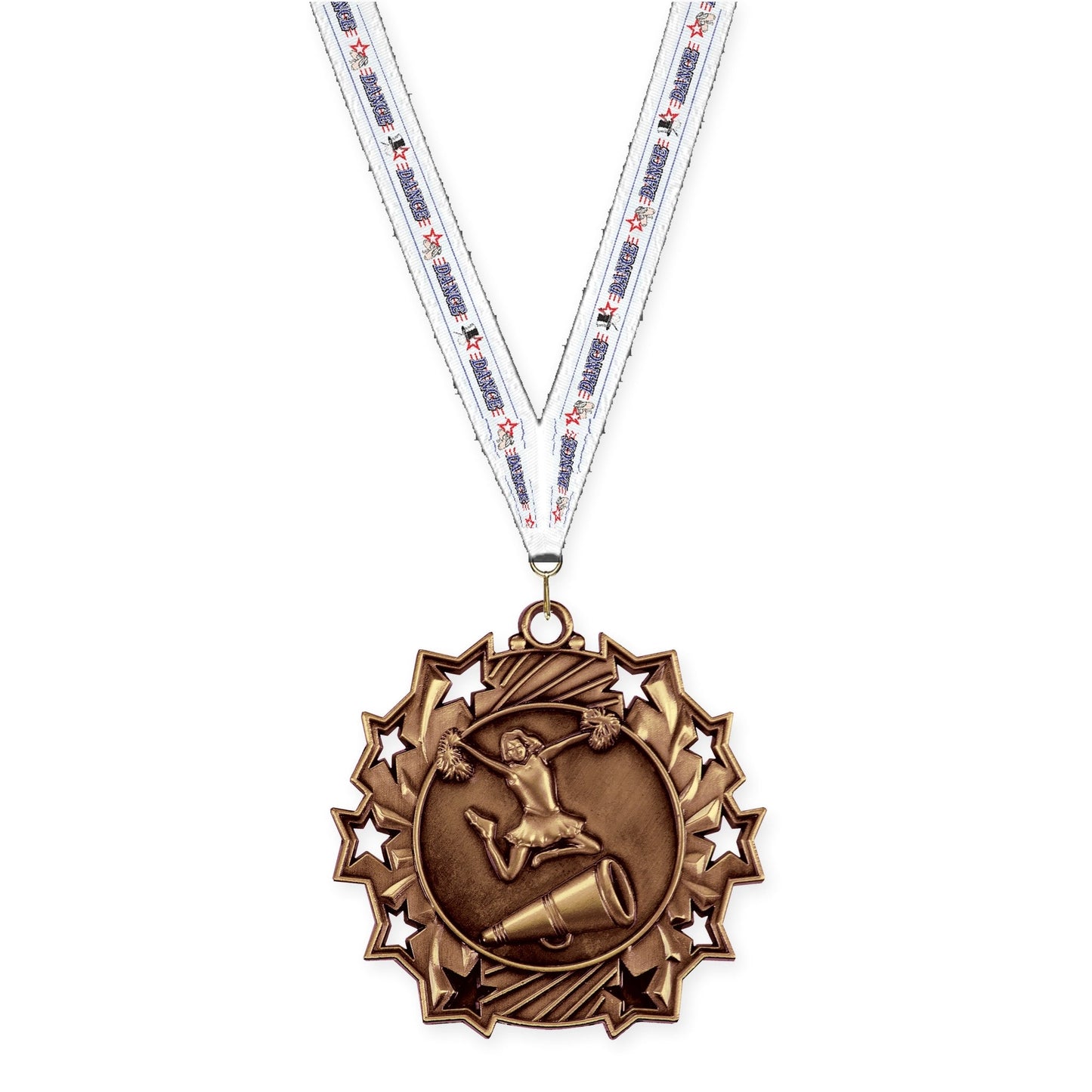 2 1/4 inch cheerleading Ten Star medal in antique bronze with Dance neck ribbon