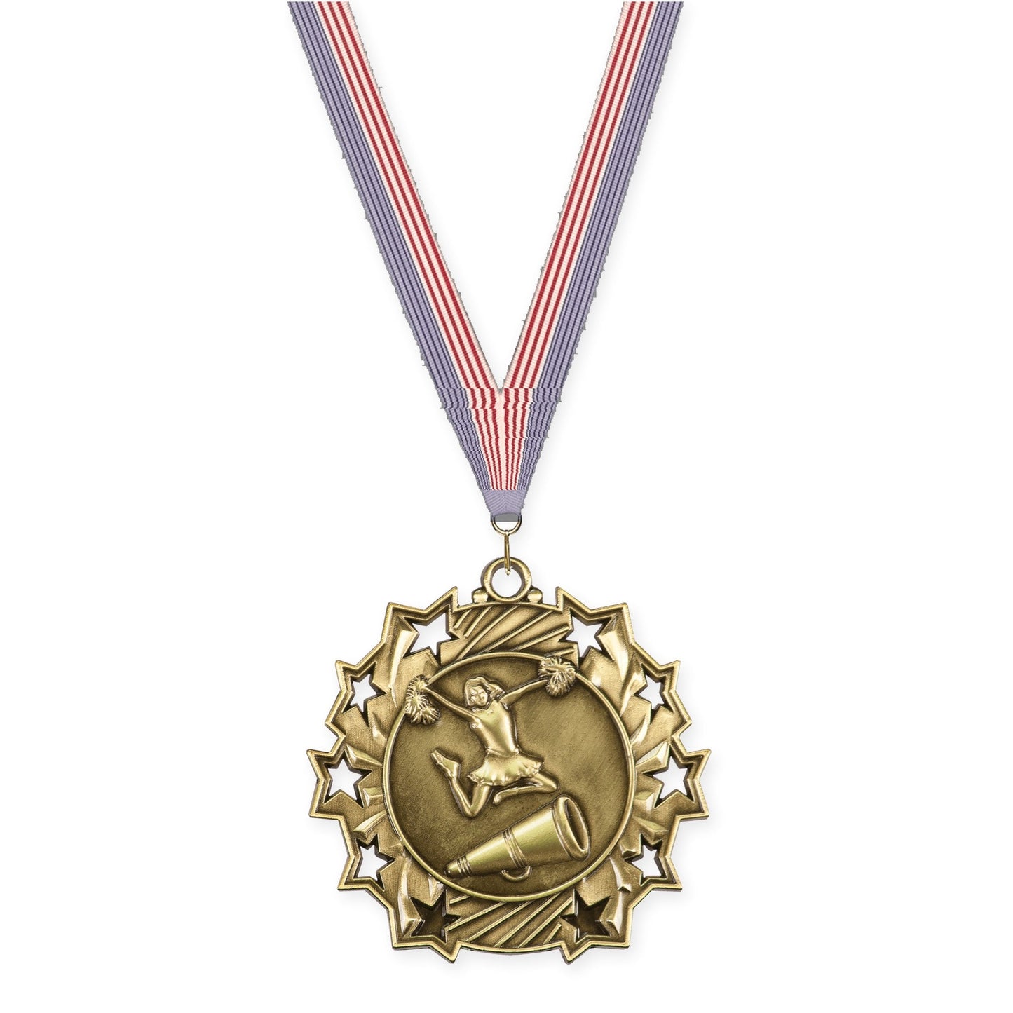 2 1/4 inch cheerleading Ten Star medal in antique gold with USA Flag neck ribbon