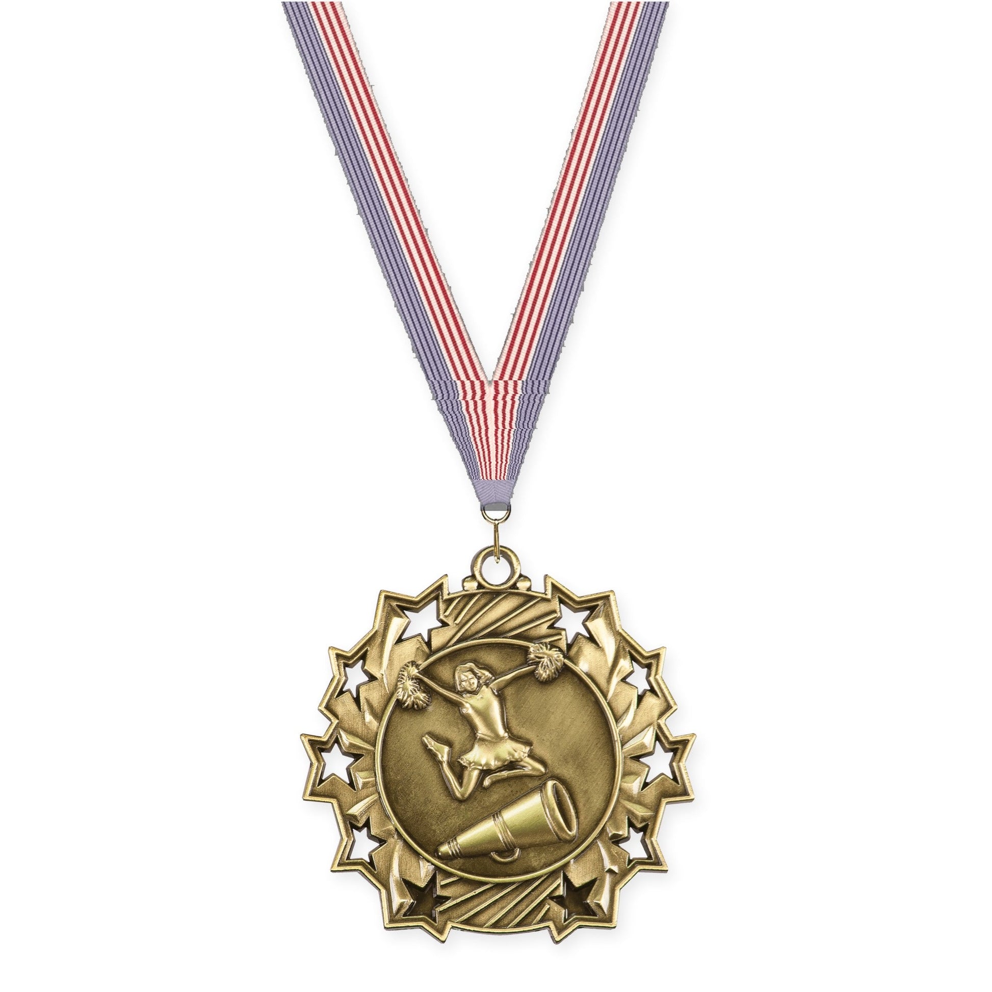 2 1/4 inch cheerleading Ten Star medal in antique gold with USA Flag neck ribbon