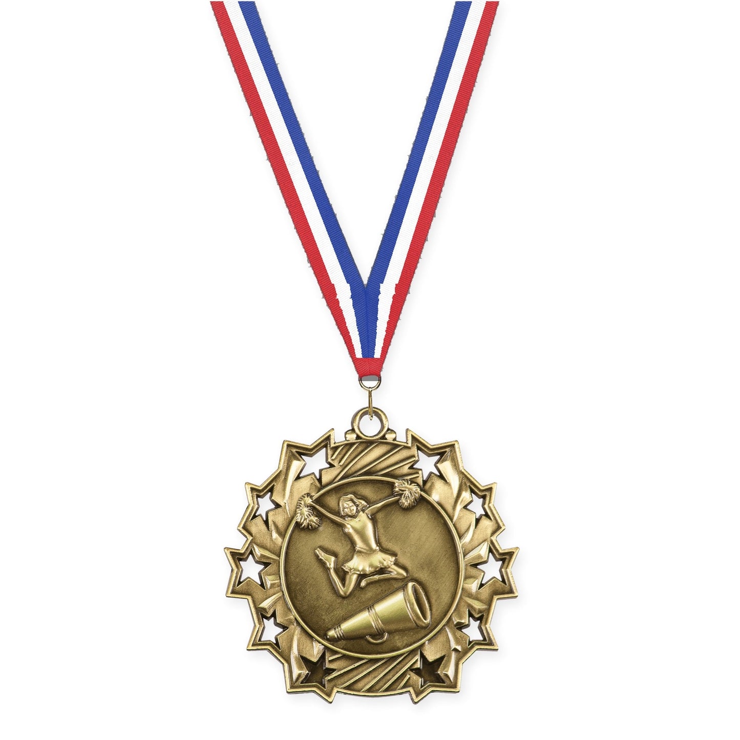 2 1/4 inch cheerleading Ten Star medal in antique gold with Red White Blue neck ribbon
