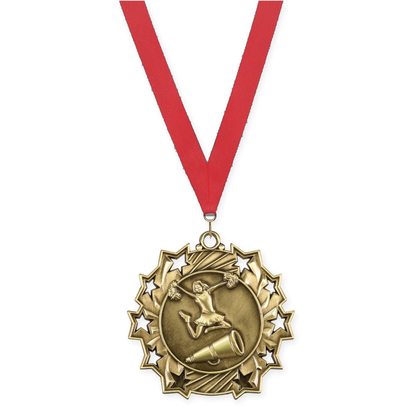 2 1/4 inch cheerleading Ten Star medal in antique gold with Red neck ribbon