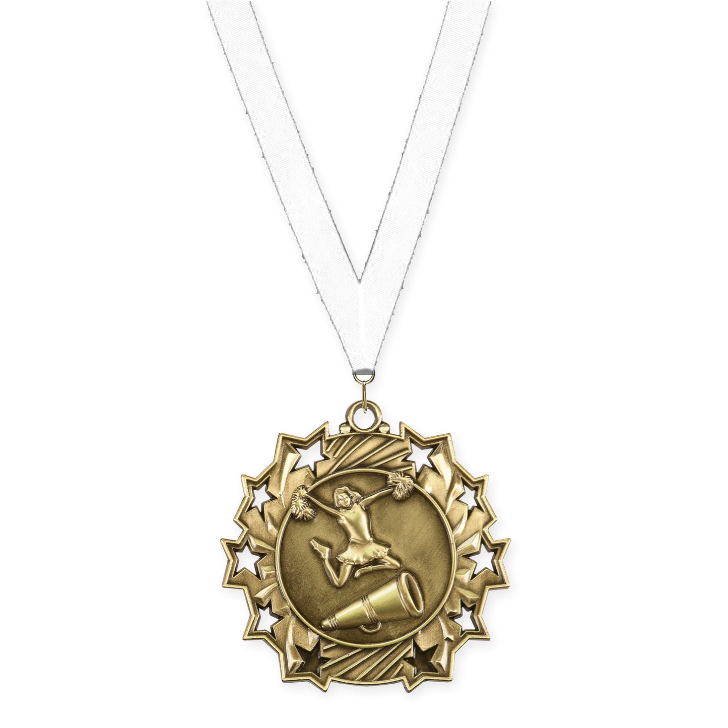 2 1/4 inch cheerleading Ten Star medal in antique gold with White neck ribbon