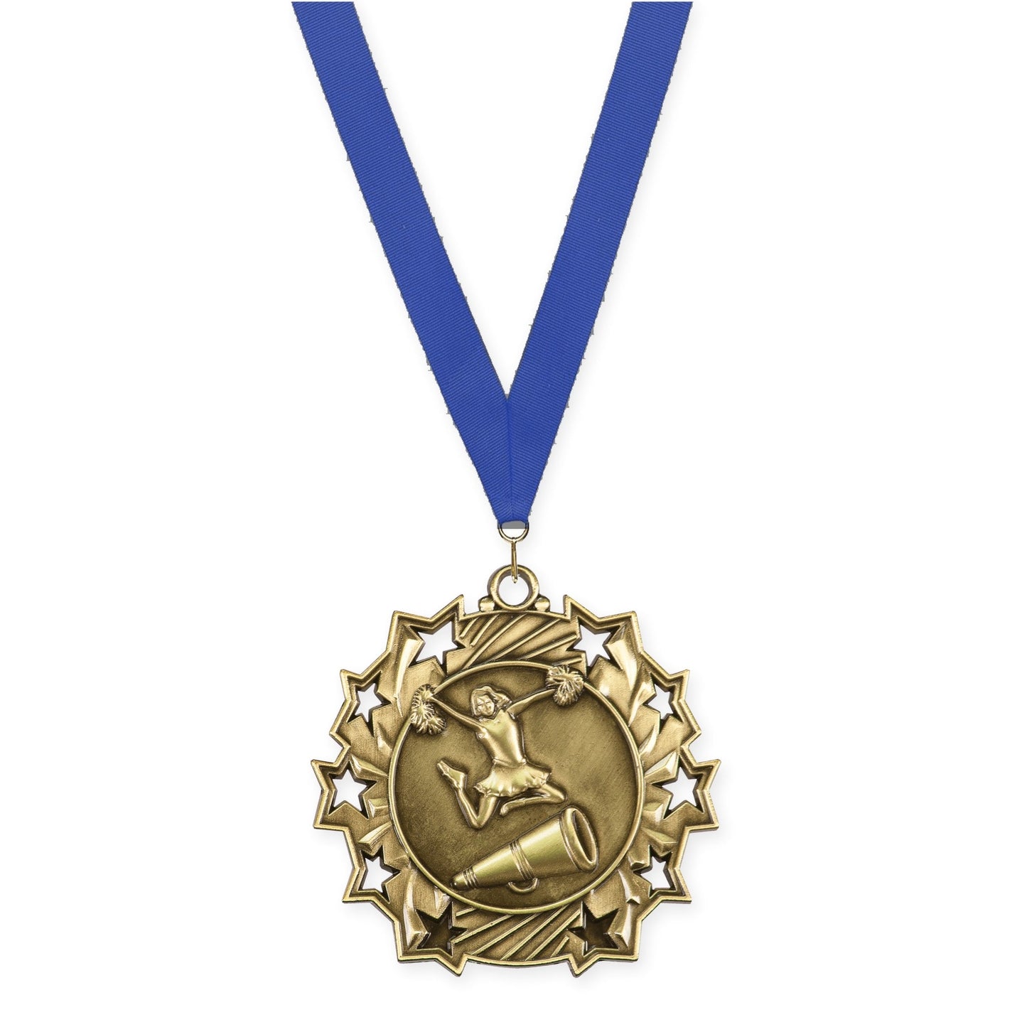 2 1/4 inch cheerleading Ten Star medal in antique gold with Blue neck ribbon