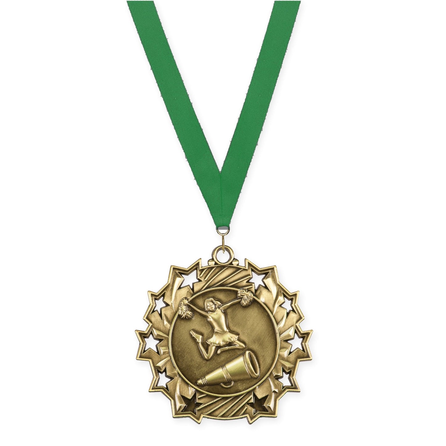 2 1/4 inch cheerleading Ten Star medal in antique gold with Green neck ribbon