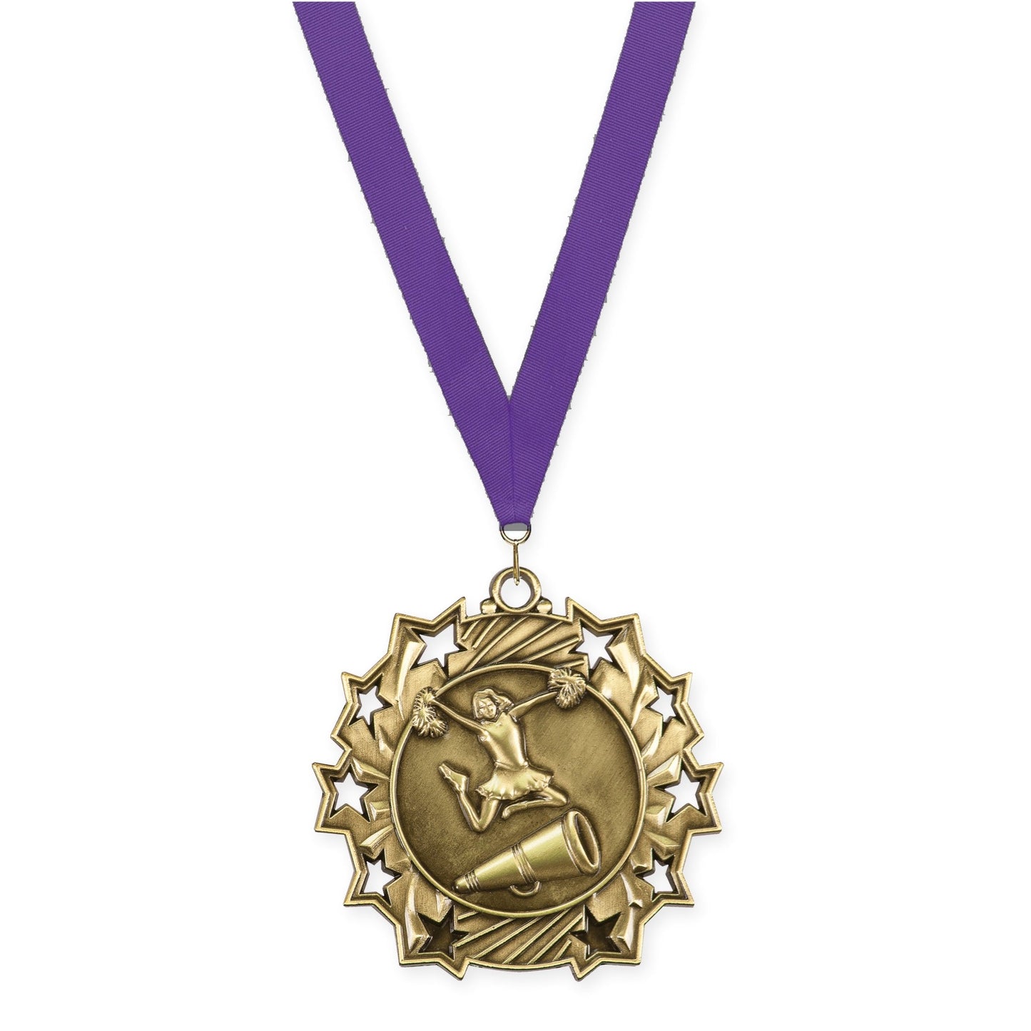 2 1/4 inch cheerleading Ten Star medal in antique gold with Purple neck ribbon
