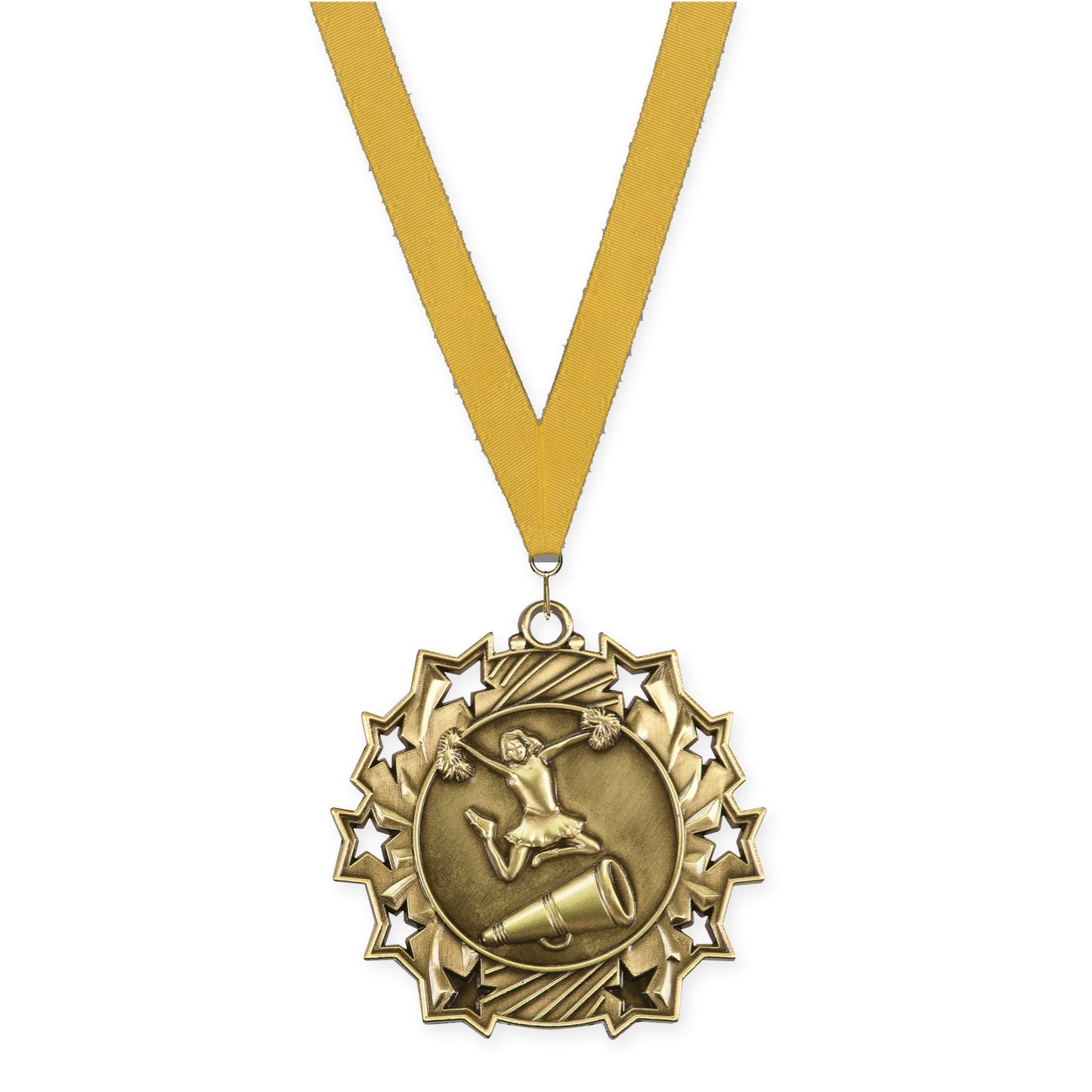 2 1/4 inch cheerleading Ten Star medal in antique gold with Gold neck ribbon
