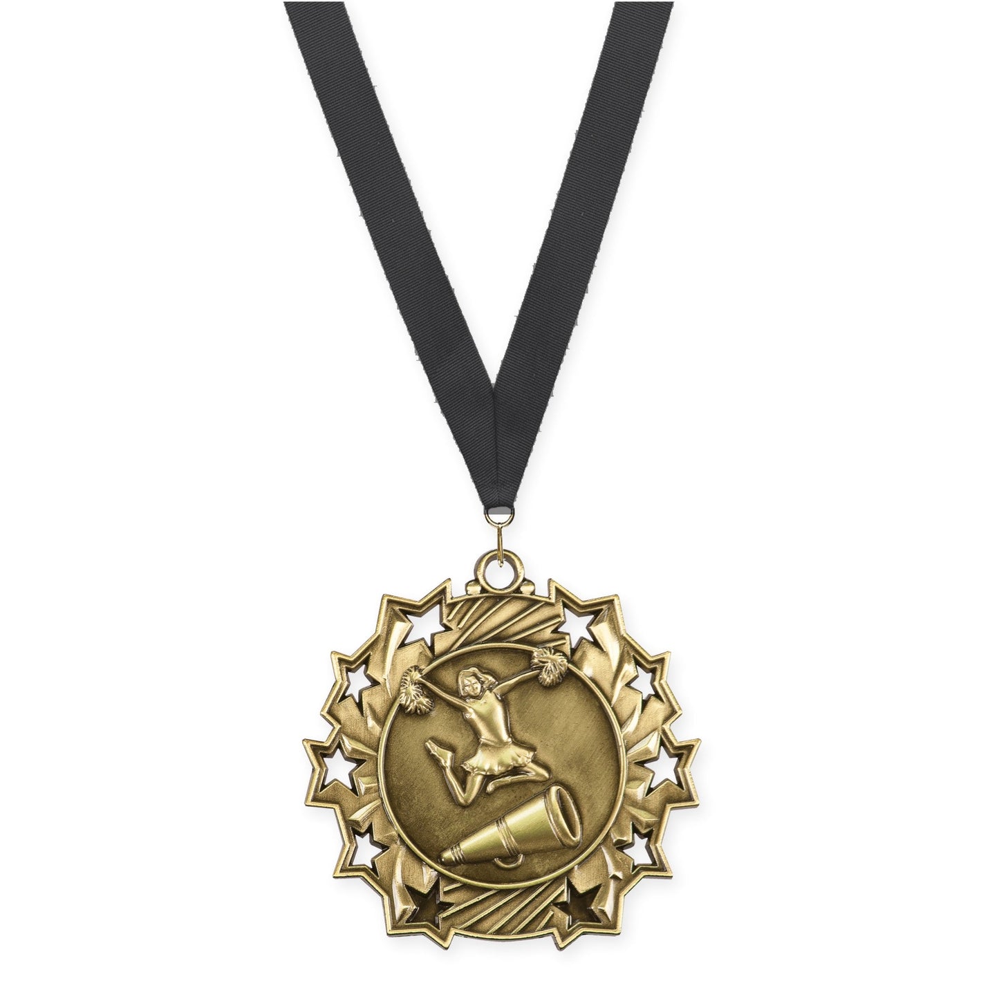 2 1/4 inch cheerleading Ten Star medal in antique gold with Black neck ribbon