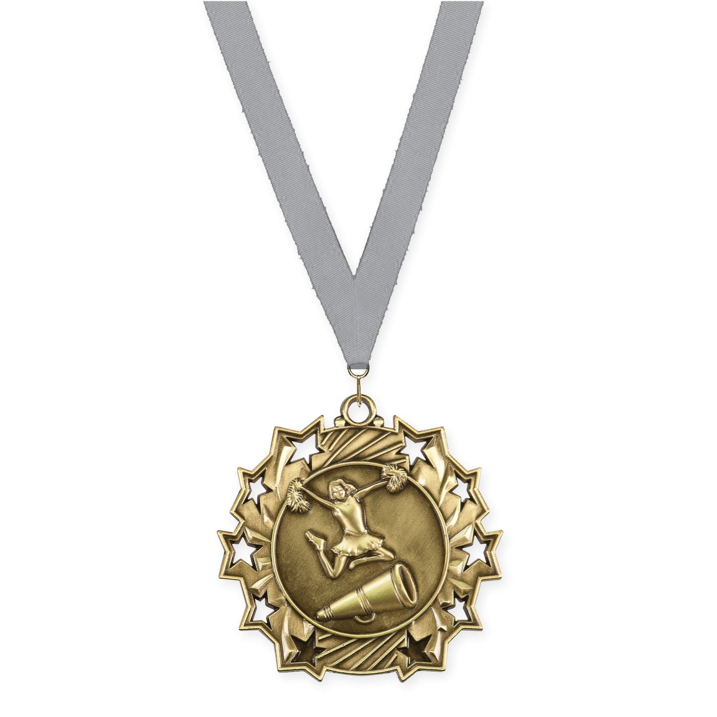 2 1/4 inch cheerleading Ten Star medal in antique gold with Gray neck ribbon