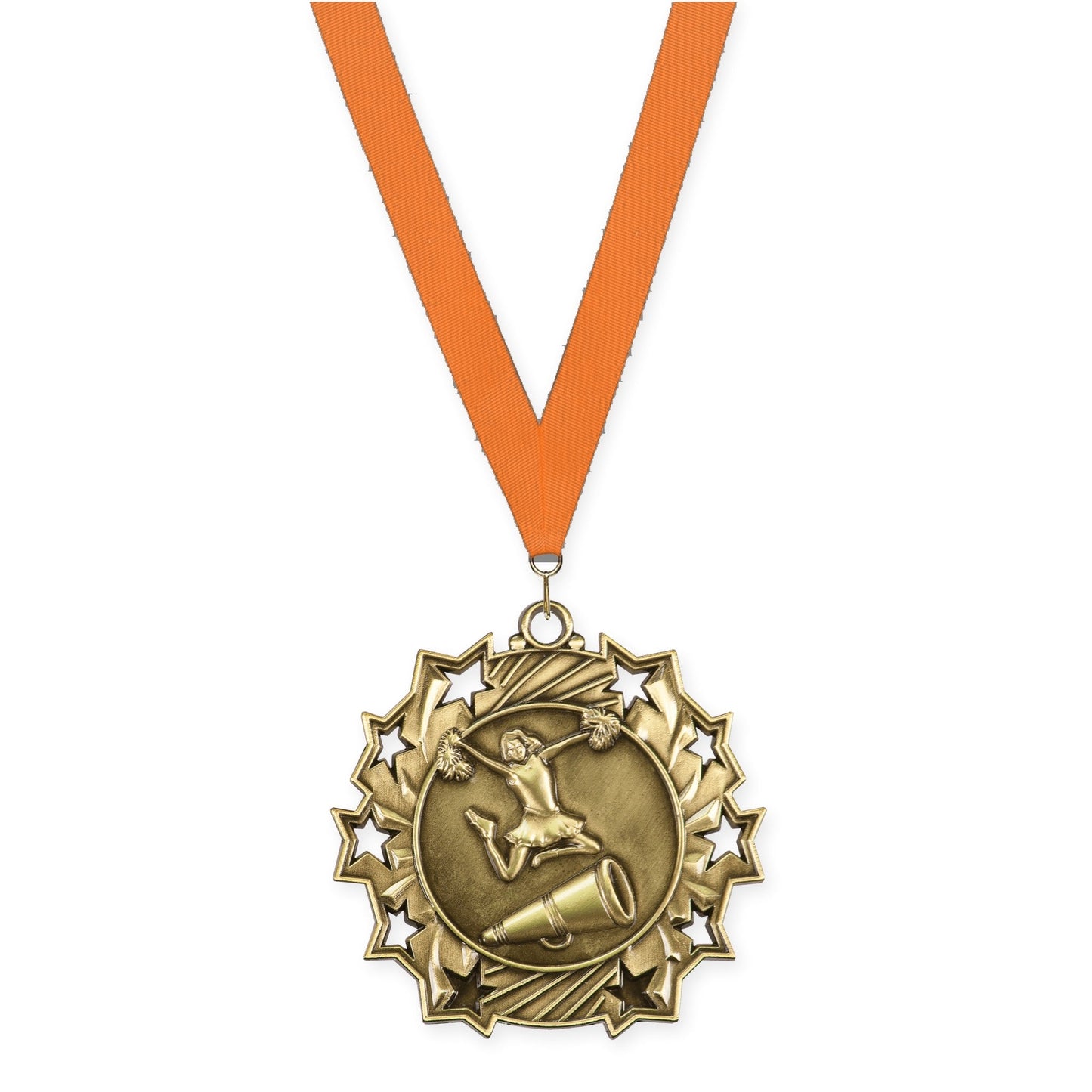 2 1/4 inch cheerleading Ten Star medal in antique gold with Orange neck ribbon