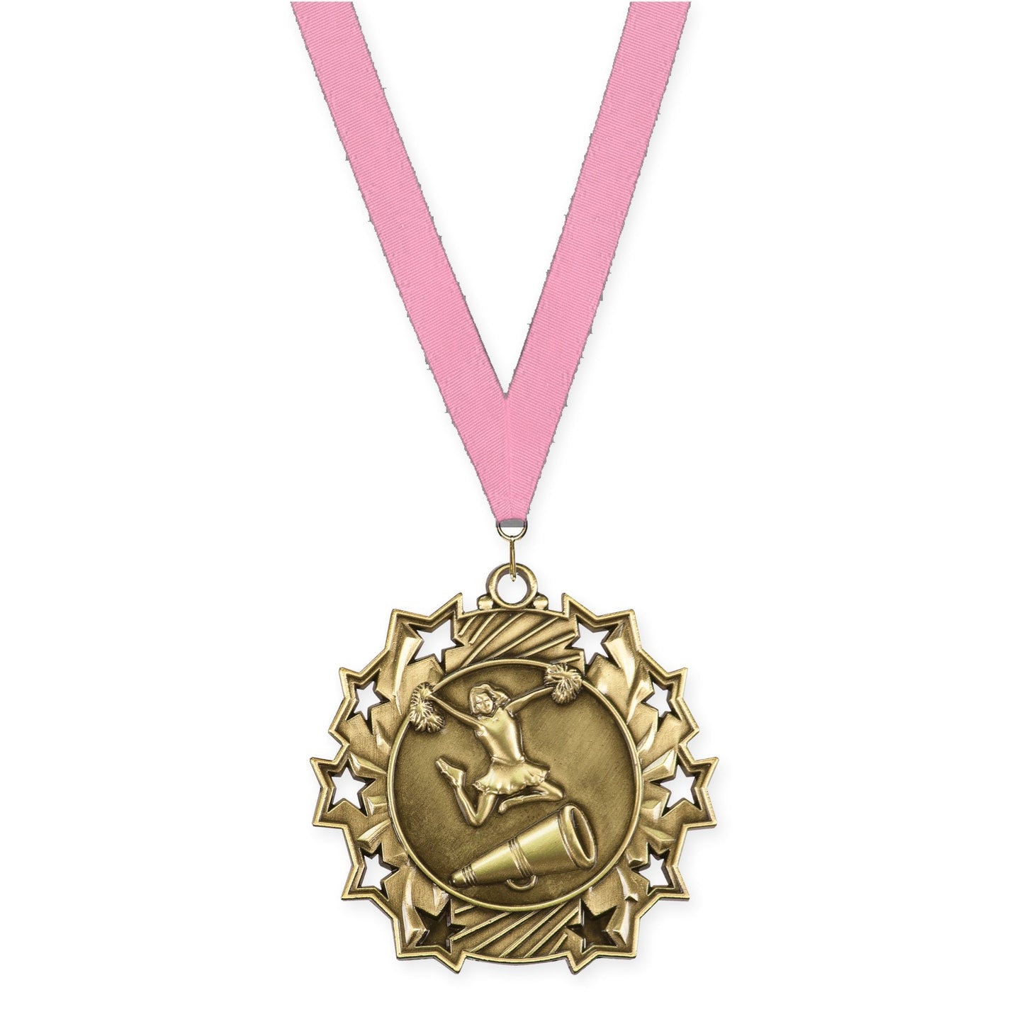 2 1/4 inch cheerleading Ten Star medal in antique gold with Pink neck ribbon